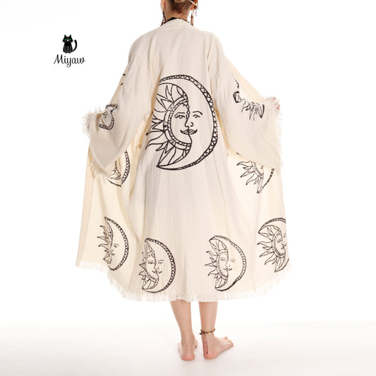 Boho Moon and Sun Print Organic Cotton Kimono Robe for Beach Days Miyawfashion