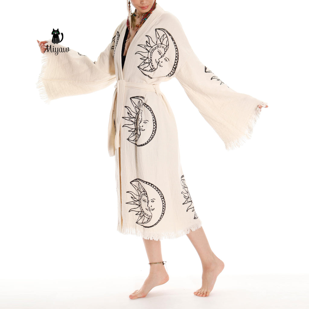 Boho Moon and Sun Print Organic Cotton Kimono Robe for Beach Days - Miyawfashion