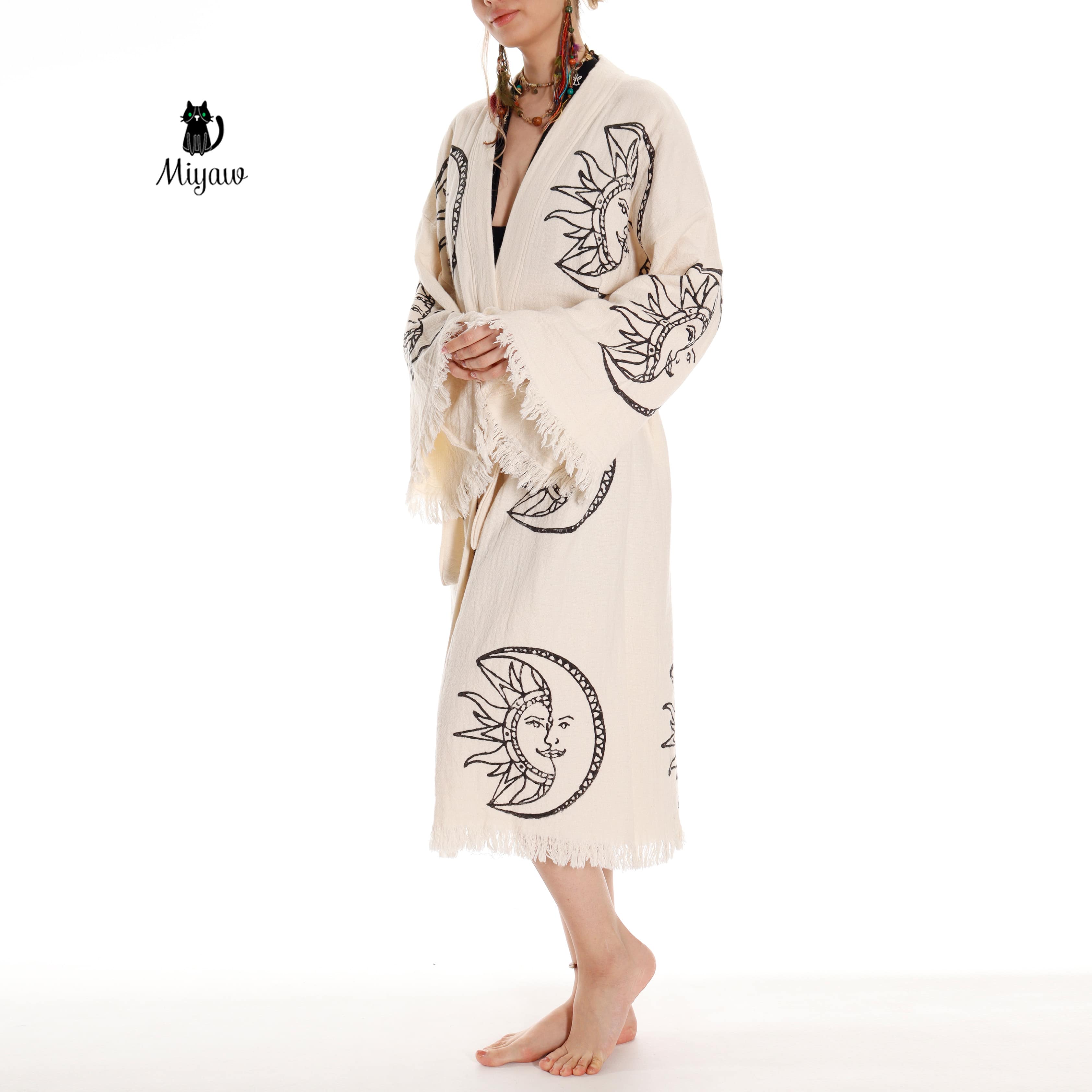 Boho Moon and Sun Print Organic Cotton Kimono Robe for Beach Days - Miyawfashion