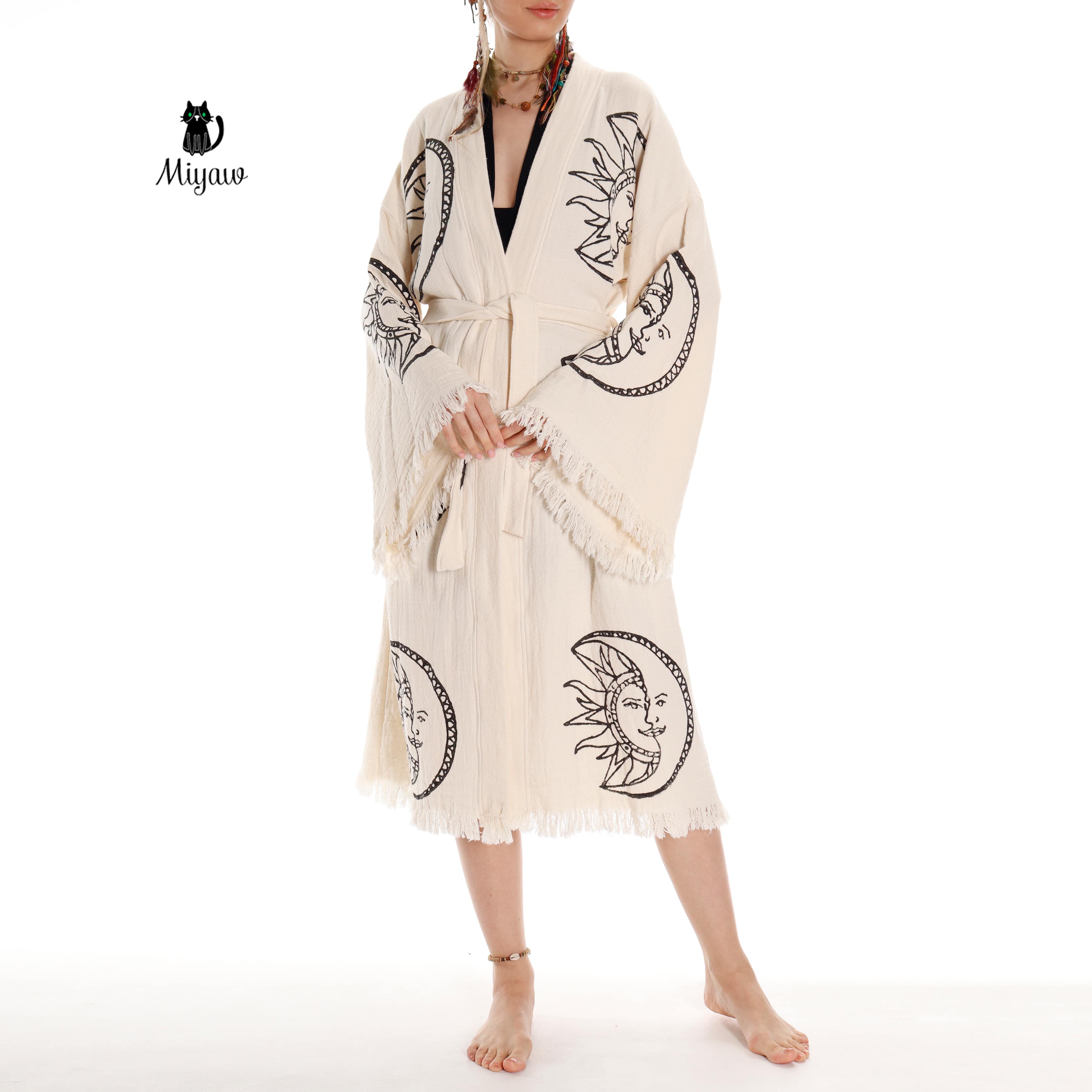 Boho Moon and Sun Print Organic Cotton Kimono Robe for Beach Days - Miyawfashion