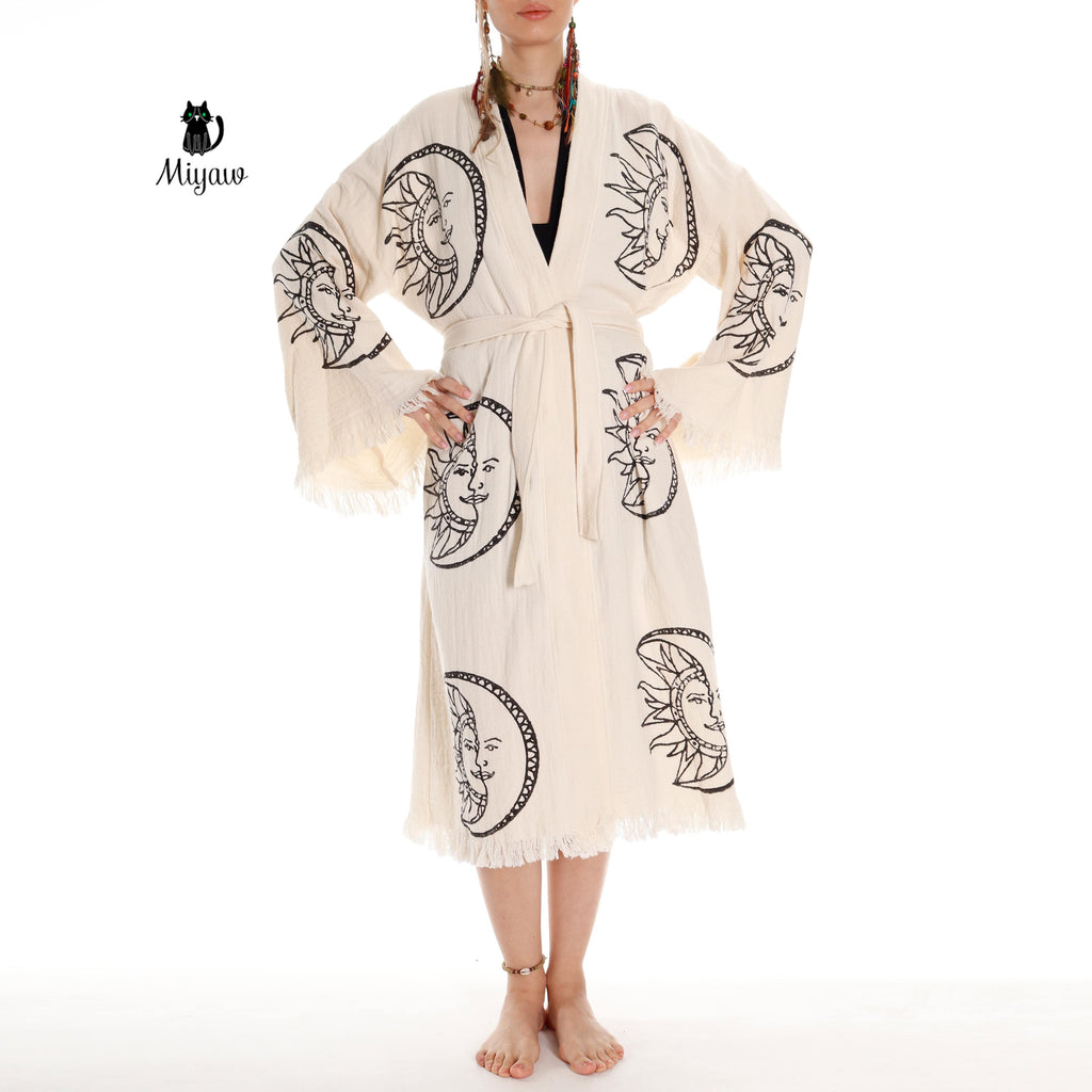 Boho Moon and Sun Print Organic Cotton Kimono Robe for Beach Days - Miyawfashion