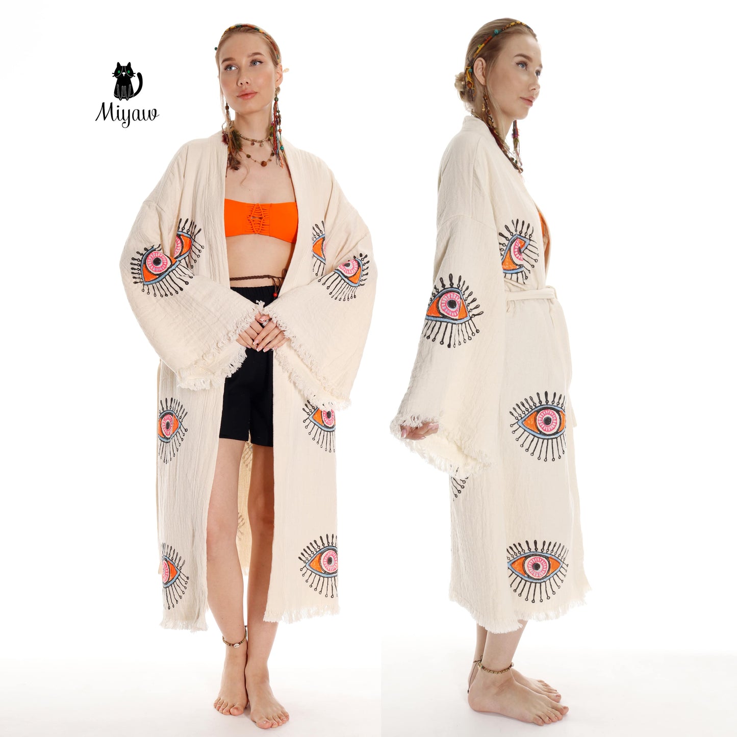 Organic Cotton Boho Beach Kimono Robe with Orange Eye Stamp - Miyawfashion Miyawfashion