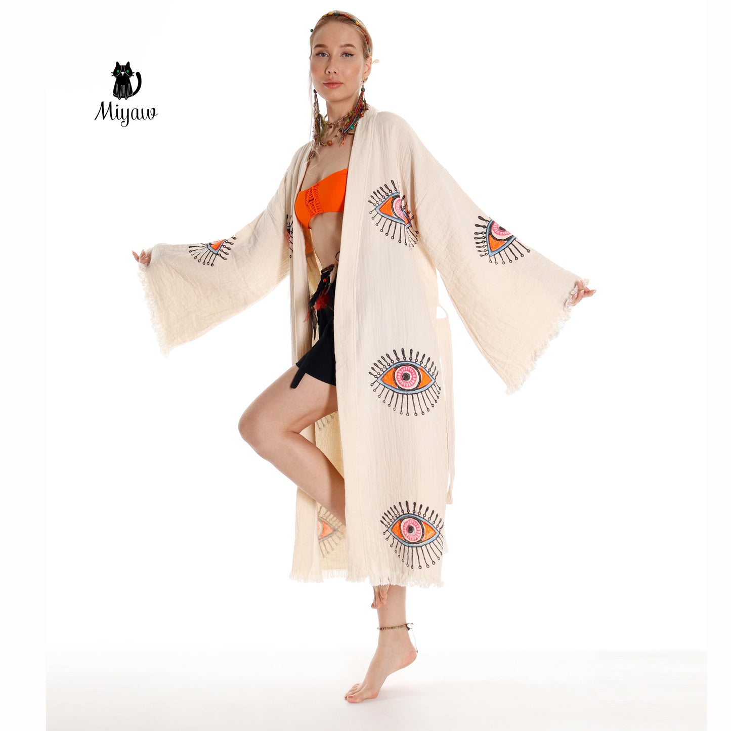 Organic Cotton Boho Beach Kimono Robe with Orange Eye Stamp - Miyawfashion Miyawfashion