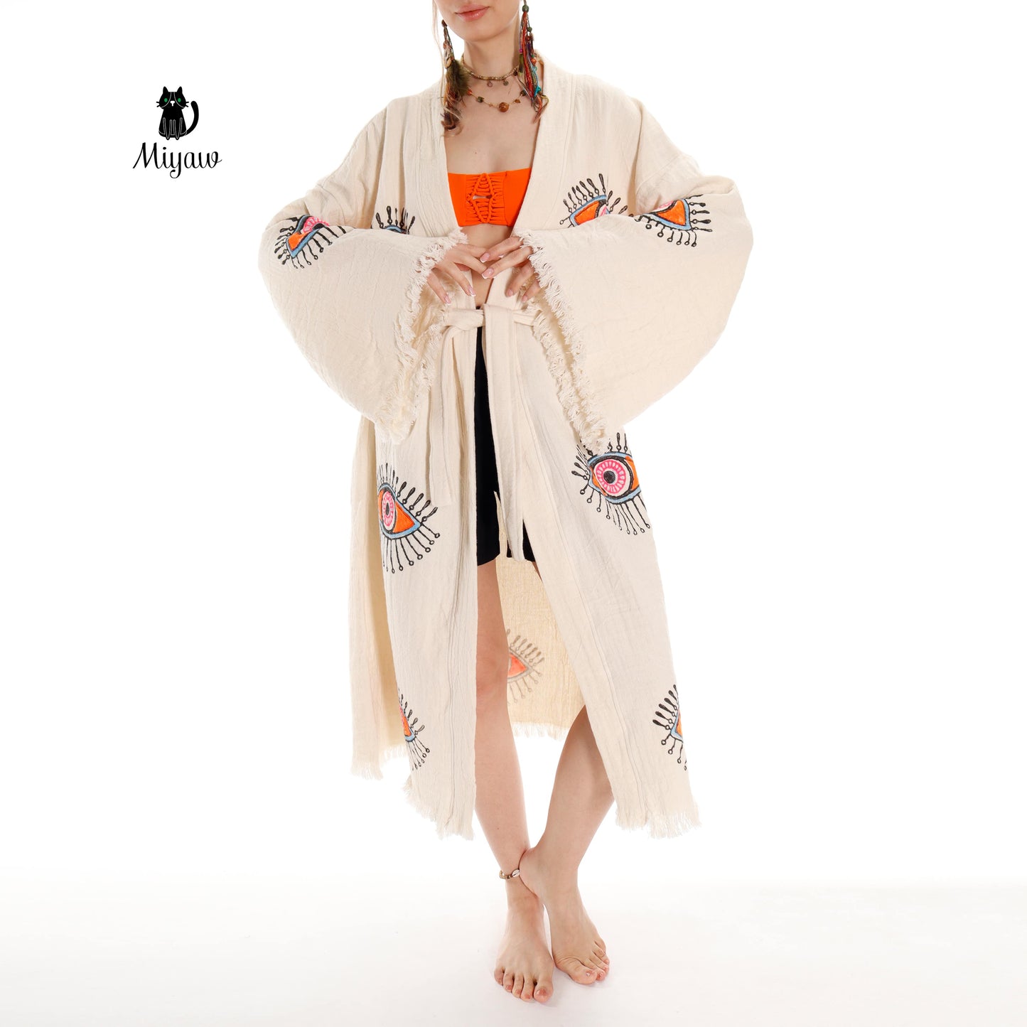 Organic Cotton Boho Beach Kimono Robe with Orange Eye Stamp - Miyawfashion Miyawfashion