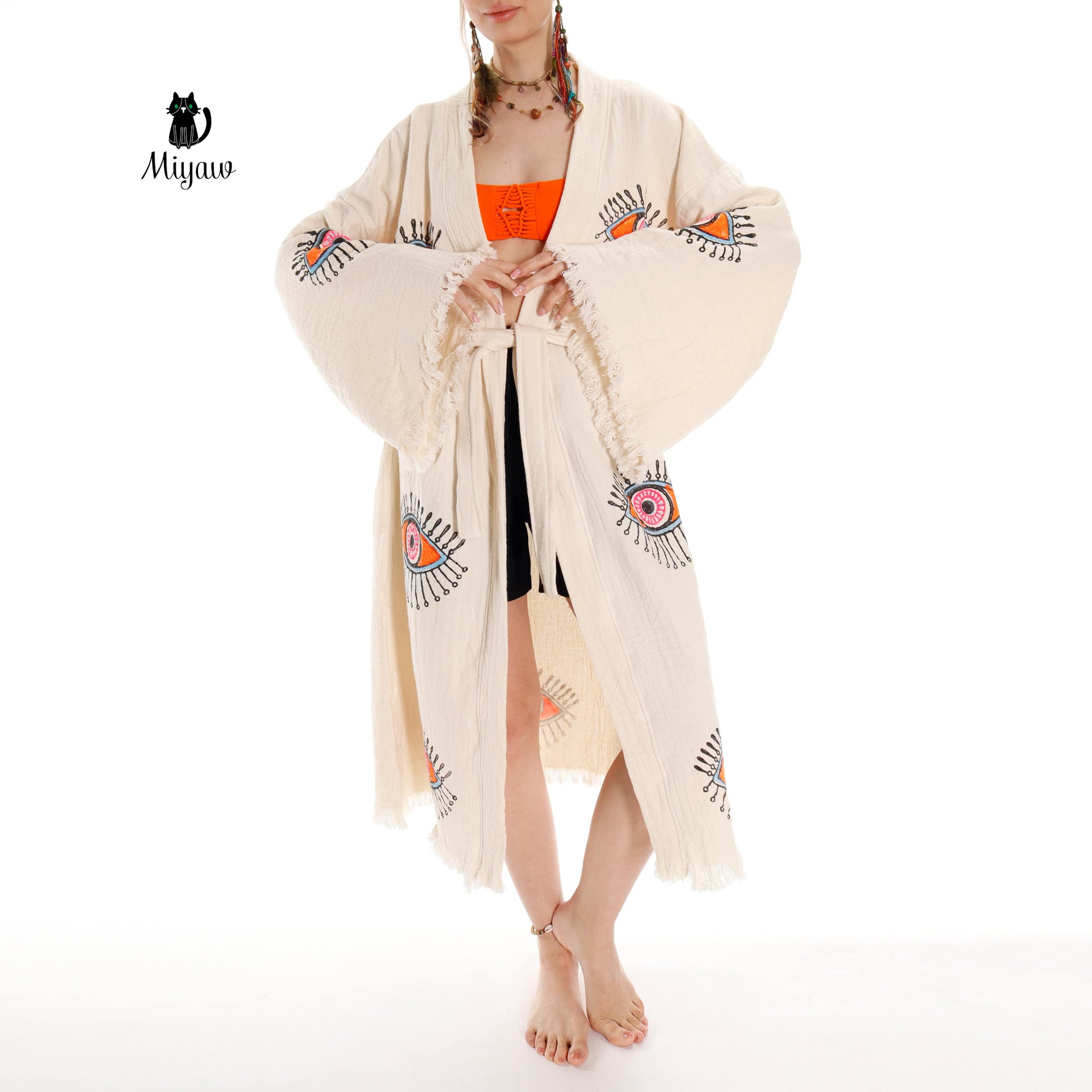 Organic Cotton Boho Beach Kimono Robe with Orange Eye Stamp - Miyawfashion