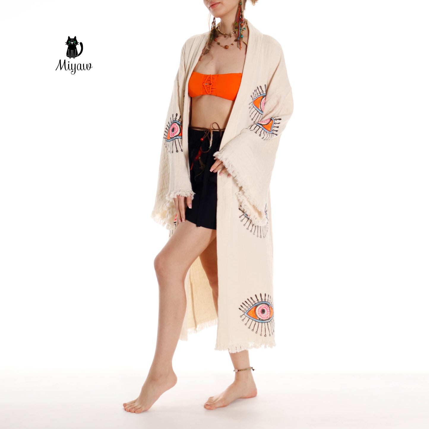 Organic Cotton Boho Beach Kimono Robe with Orange Eye Stamp - Miyawfashion Miyawfashion