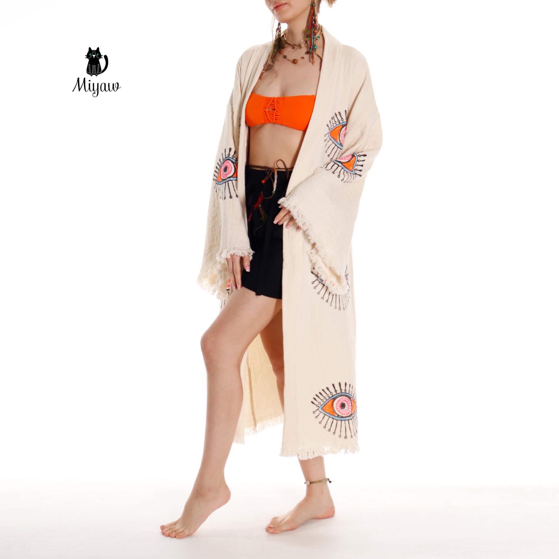 Organic Cotton Boho Beach Kimono Robe with Orange Eye Stamp - Miyawfashion