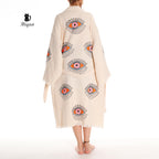 Organic Cotton Boho Beach Kimono Robe with Orange Eye Stamp - Miyawfashion