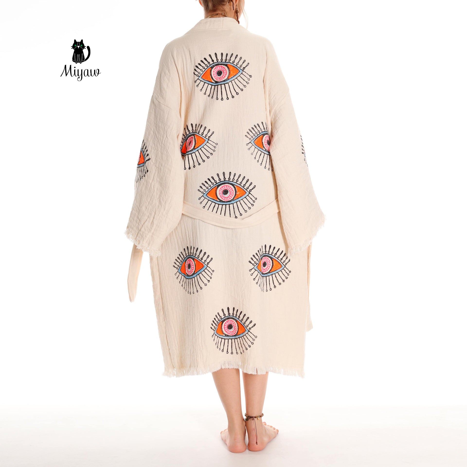 Organic Cotton Boho Beach Kimono Robe with Orange Eye Stamp - Miyawfashion