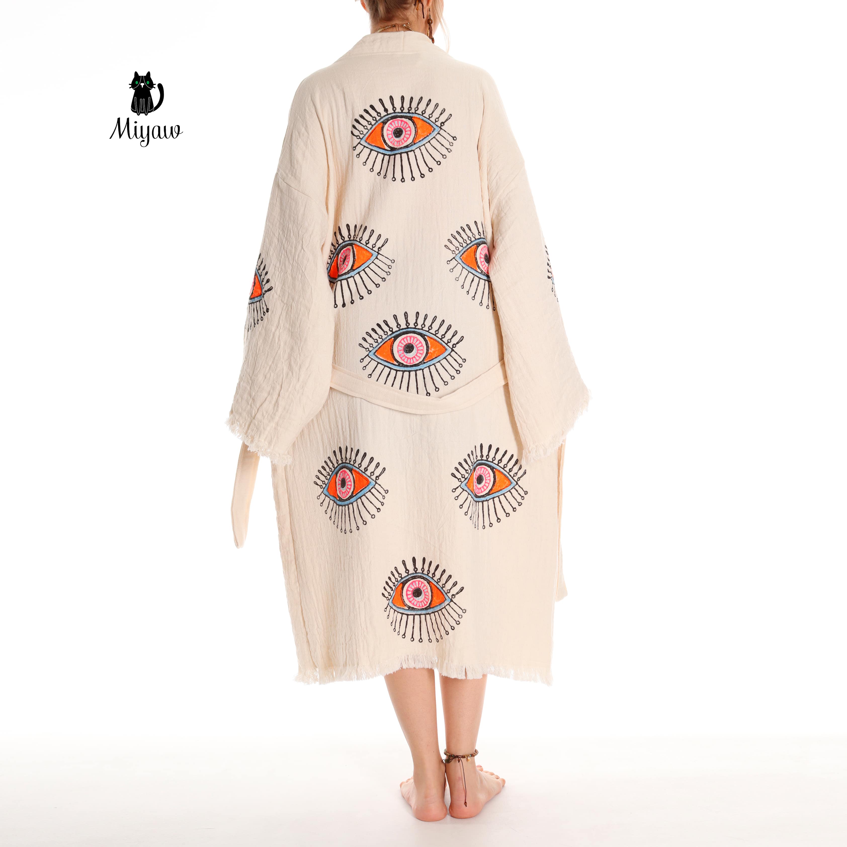 Organic Cotton Boho Beach Kimono Robe with Orange Eye Stamp - Miyawfashion