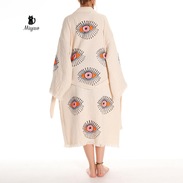 Organic Cotton Boho Beach Kimono Robe with Orange Eye Stamp - Miyawfashion