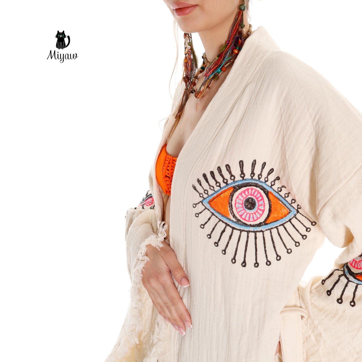 Organic Cotton Boho Beach Kimono Robe with Orange Eye Stamp - Miyawfashion Miyawfashion