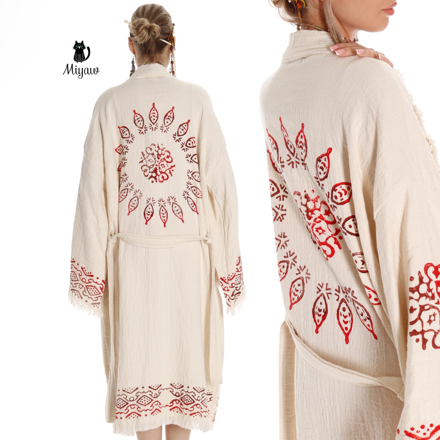 Boho Organic Cotton Mandala Stamped Bathrobe for Beach & Home - Miyawfashion Miyawfashion