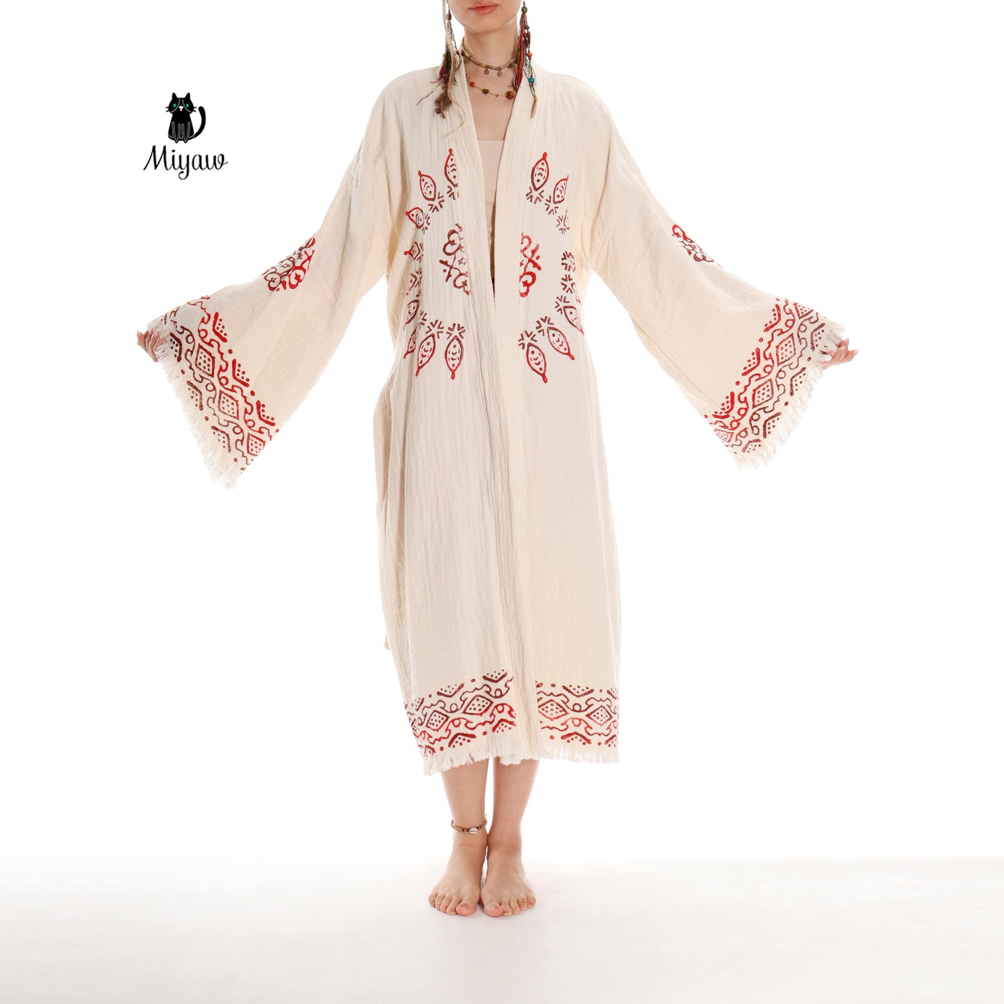 Boho Organic Cotton Mandala Stamped Bathrobe for Beach & Home - Miyawfashion Miyawfashion