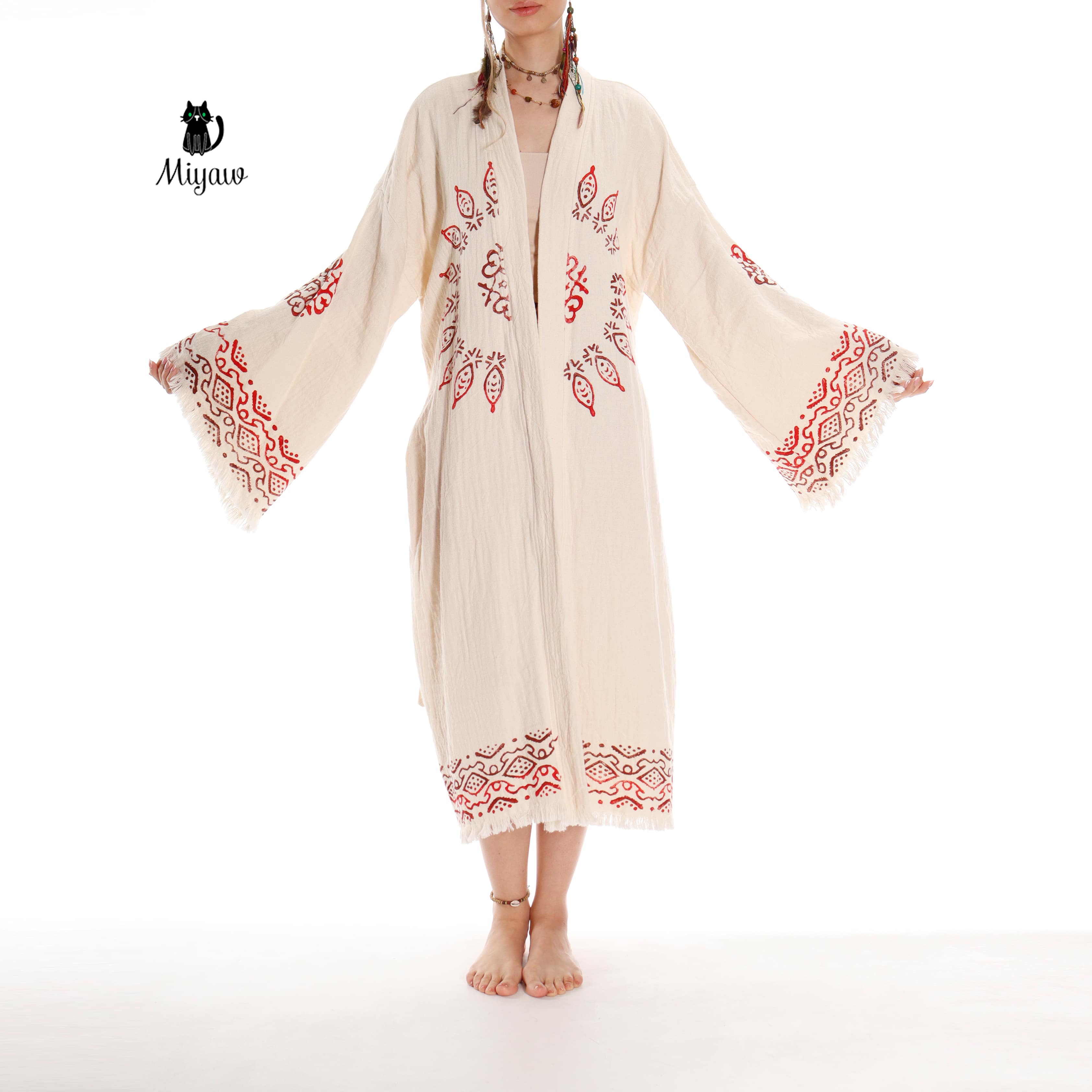 Boho Organic Cotton Mandala Stamped Bathrobe for Beach & Home - Miyawfashion