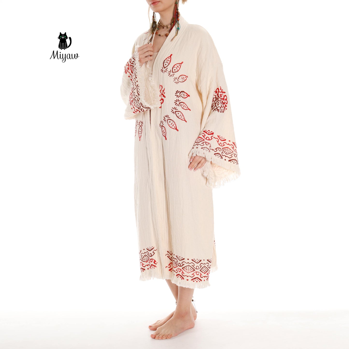 Boho Organic Cotton Mandala Stamped Bathrobe for Beach & Home - Miyawfashion Miyawfashion