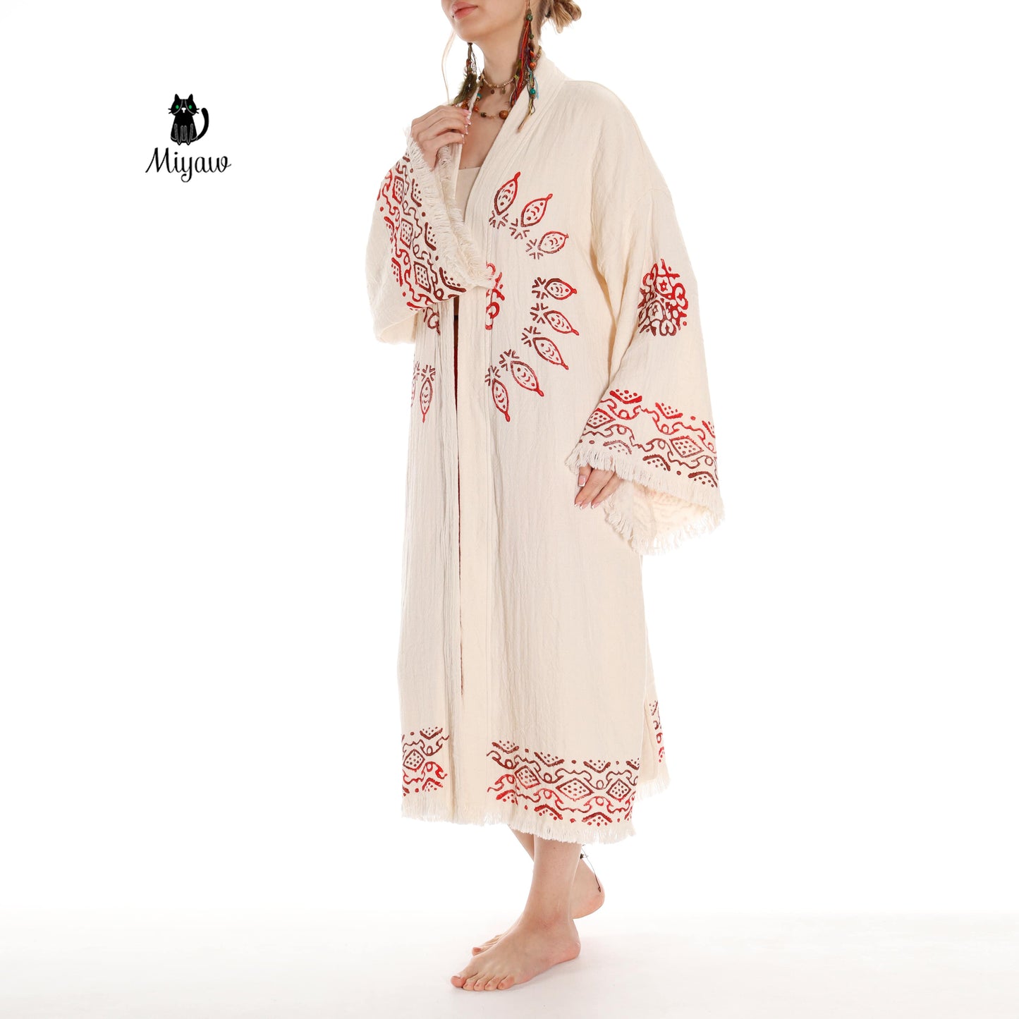 Boho Organic Cotton Mandala Stamped Bathrobe for Beach & Home - Miyawfashion Miyawfashion