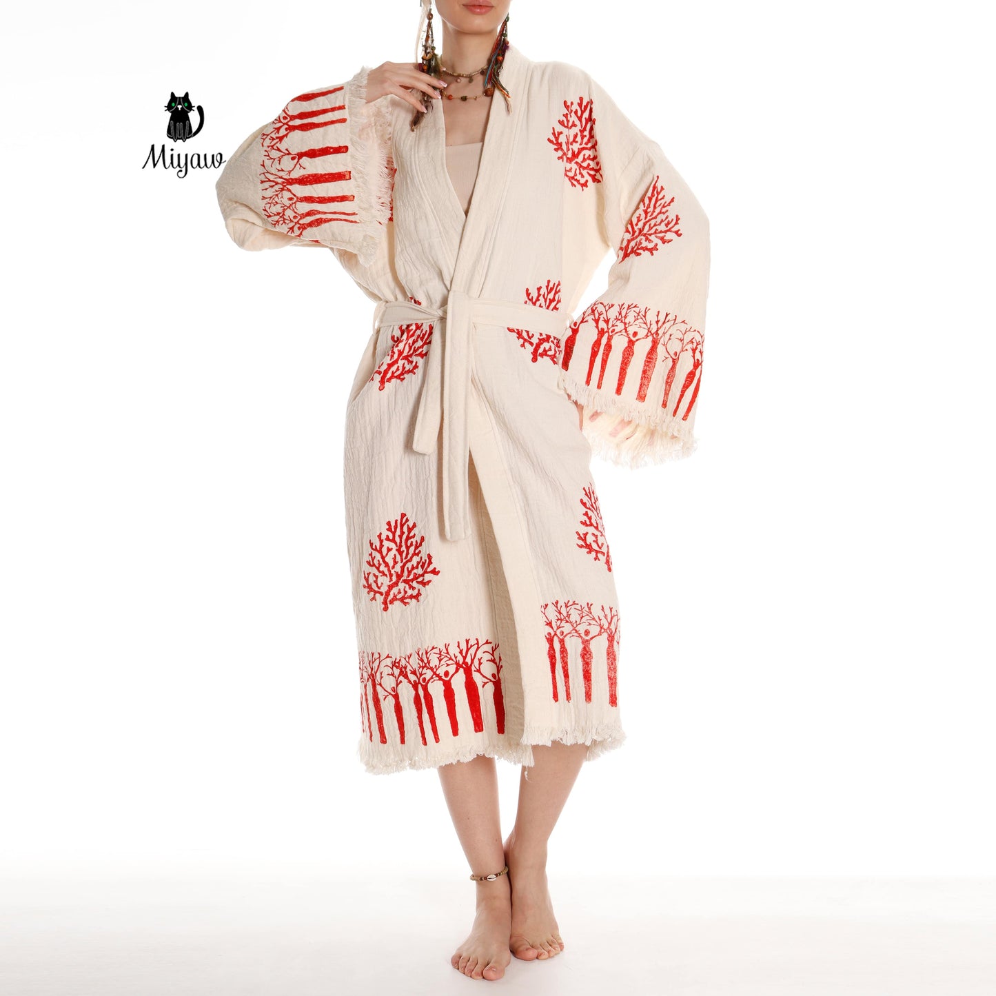 Boho Handmade Tree & Coral Stamped Bathrobe - Unique Handcrafted - Miyawfashion Miyawfashion