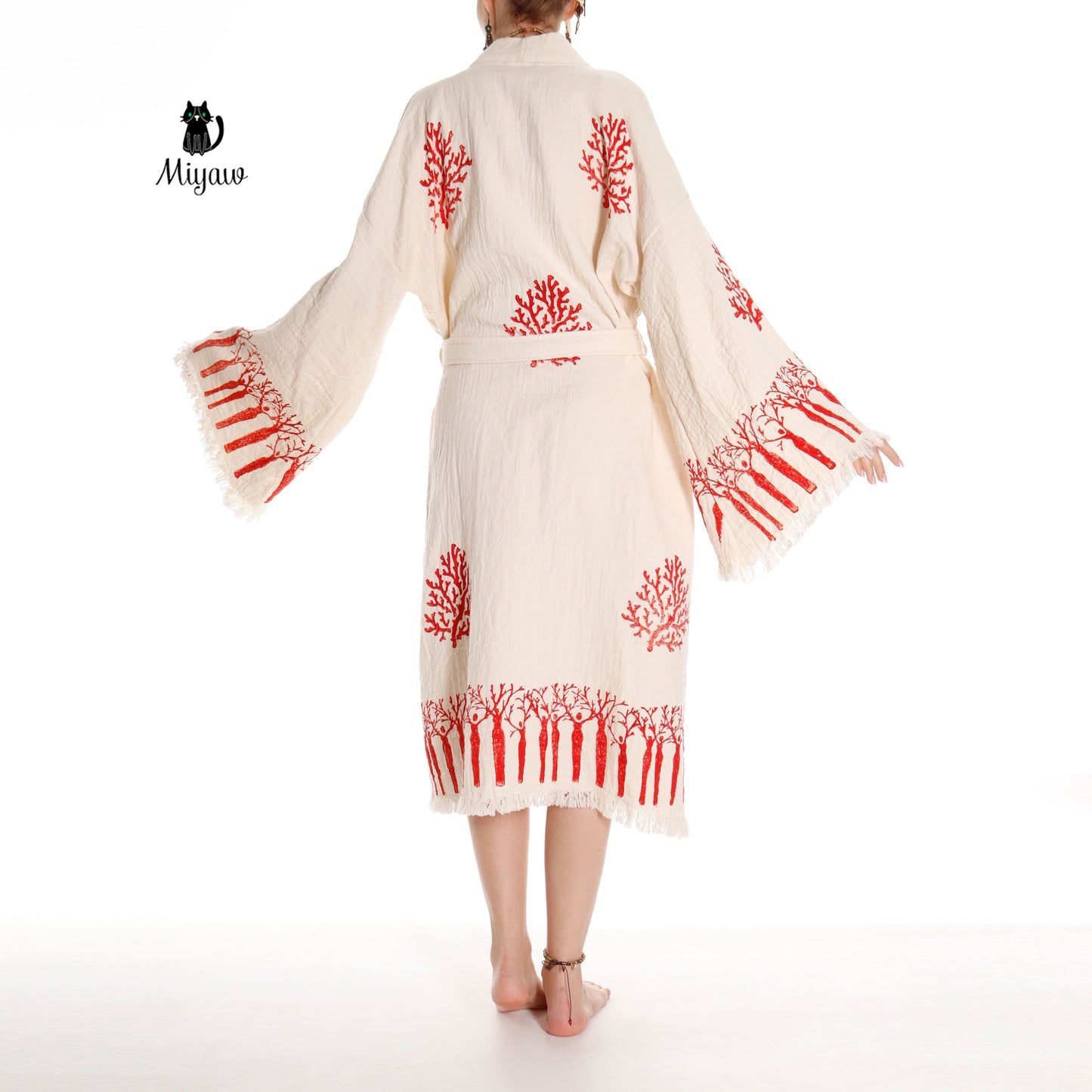 Boho Handmade Tree & Coral Stamped Bathrobe - Unique Handcrafted - Miyawfashion Miyawfashion