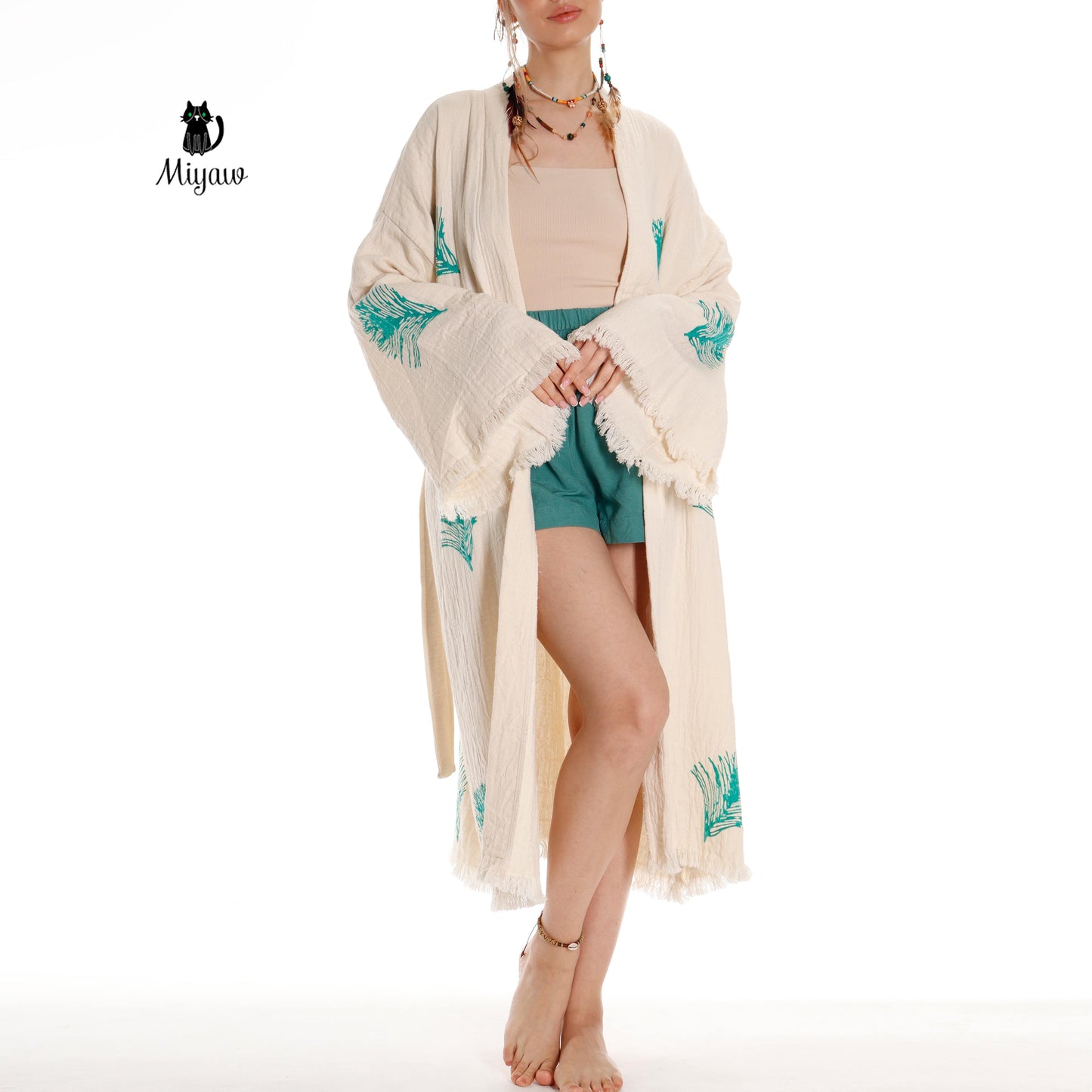 Organic Cotton Boho Kimono Bathrobe | Handstamped Feather Design - Miyawfashion Miyawfashion