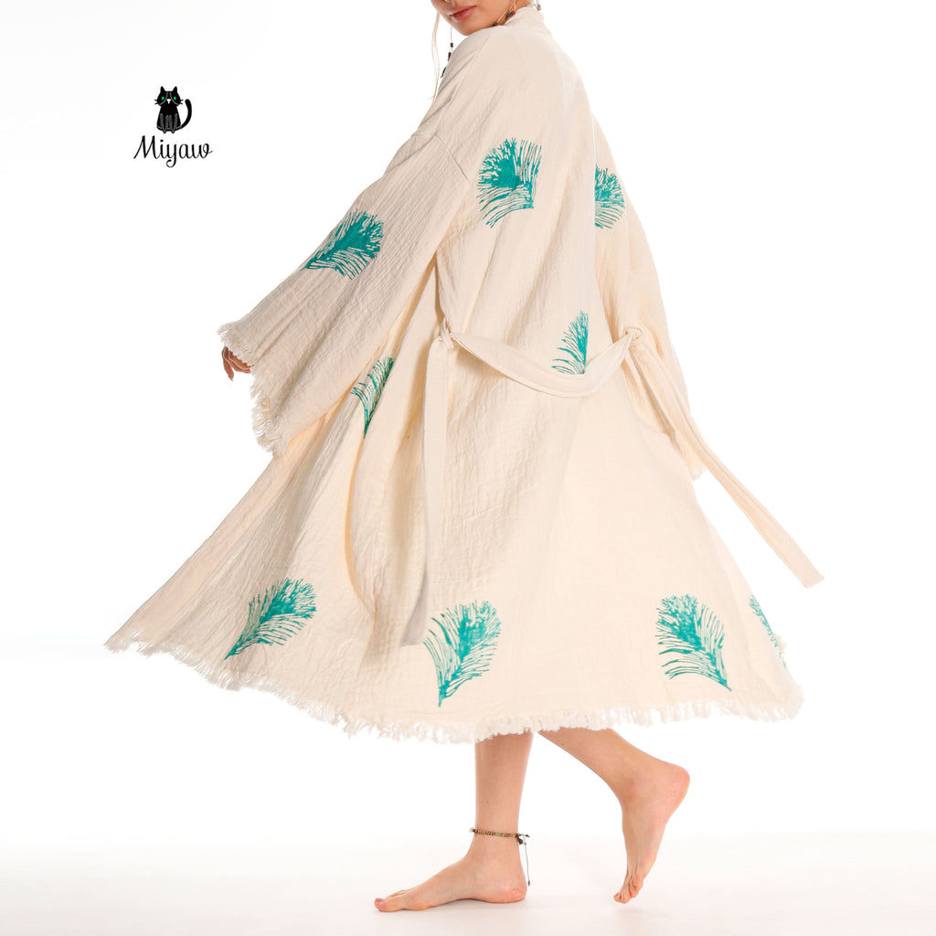 Organic Cotton Boho Kimono Bathrobe | Handstamped Feather Design - Miyawfashion
