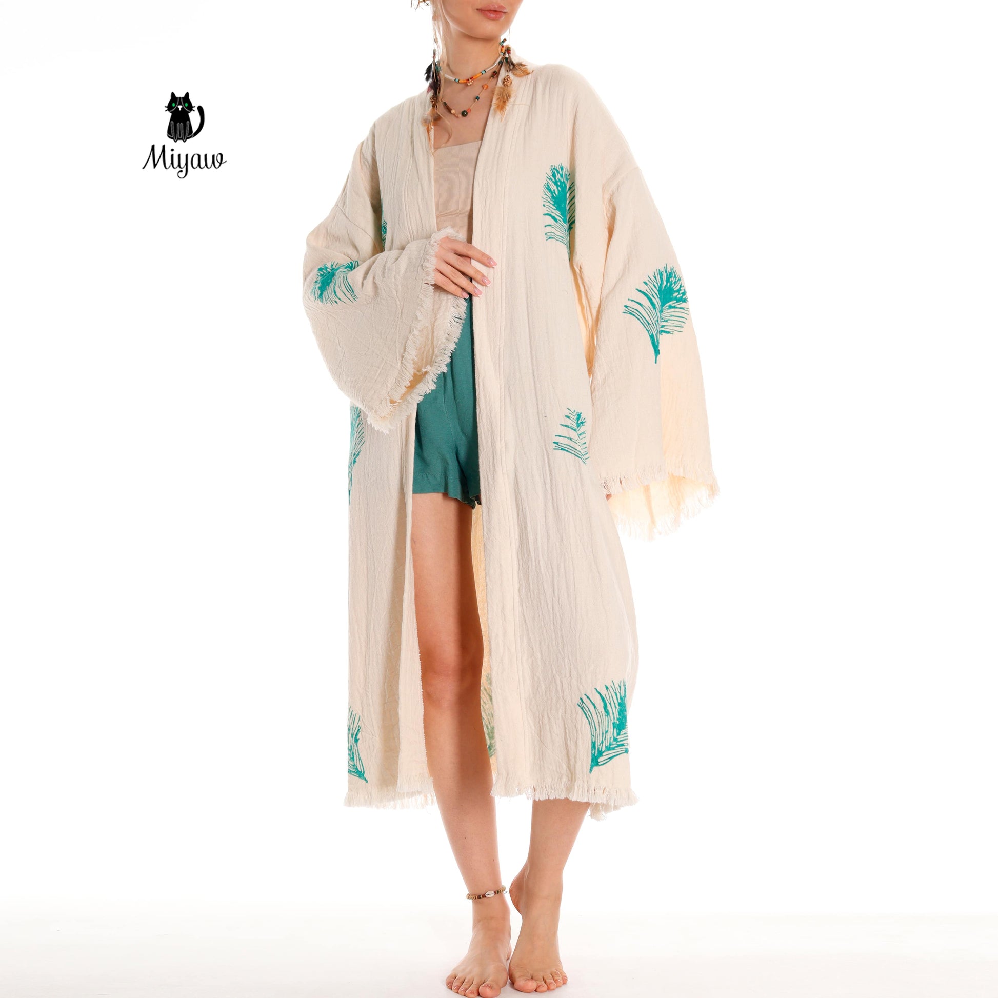 Organic Cotton Boho Kimono Bathrobe | Handstamped Feather Design - Miyawfashion