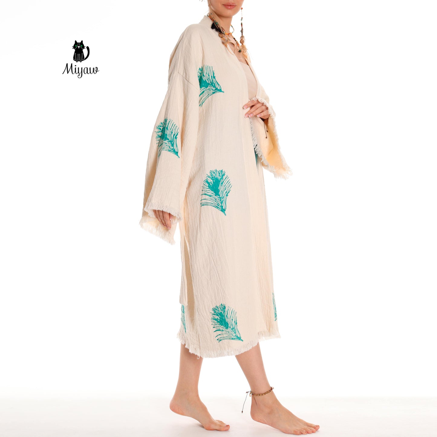 Organic Cotton Boho Kimono Bathrobe | Handstamped Feather Design - Miyawfashion Miyawfashion