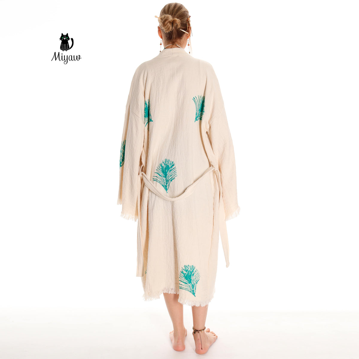 Organic Cotton Boho Kimono Bathrobe | Handstamped Feather Design - Miyawfashion