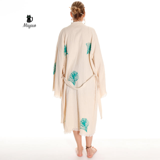 Organic Cotton Boho Kimono Bathrobe | Handstamped Feather Design - Miyawfashion