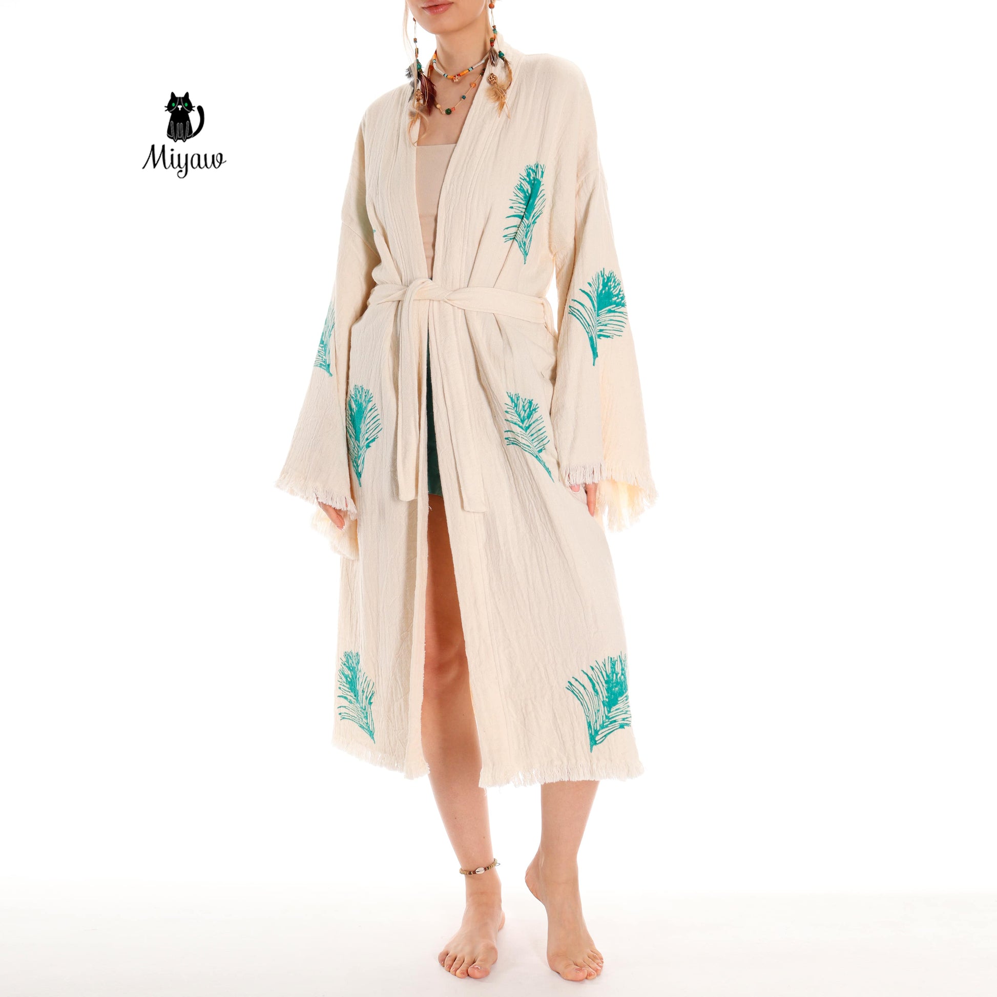 Organic Cotton Boho Kimono Bathrobe | Handstamped Feather Design - Miyawfashion