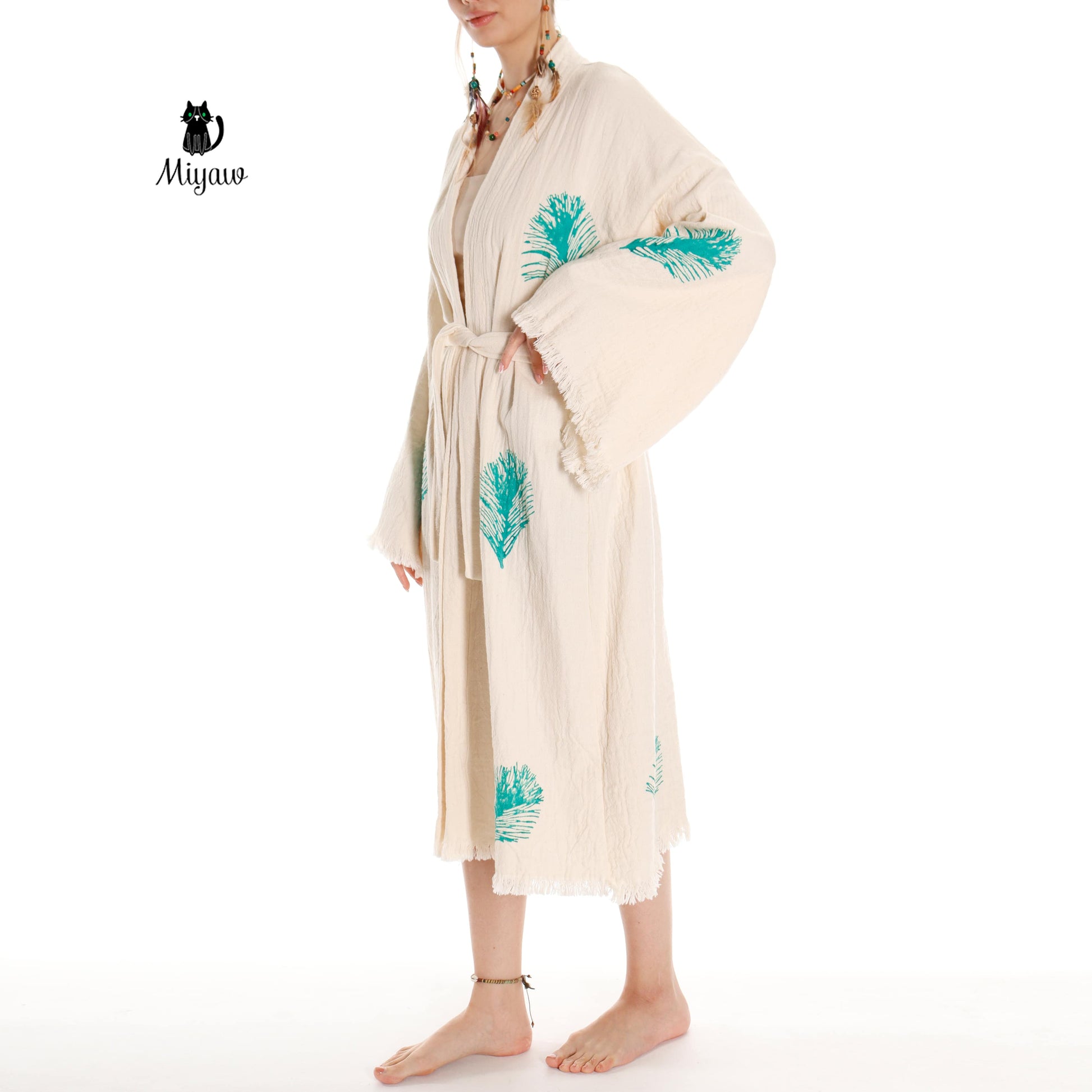 Organic Cotton Boho Kimono Bathrobe | Handstamped Feather Design - Miyawfashion