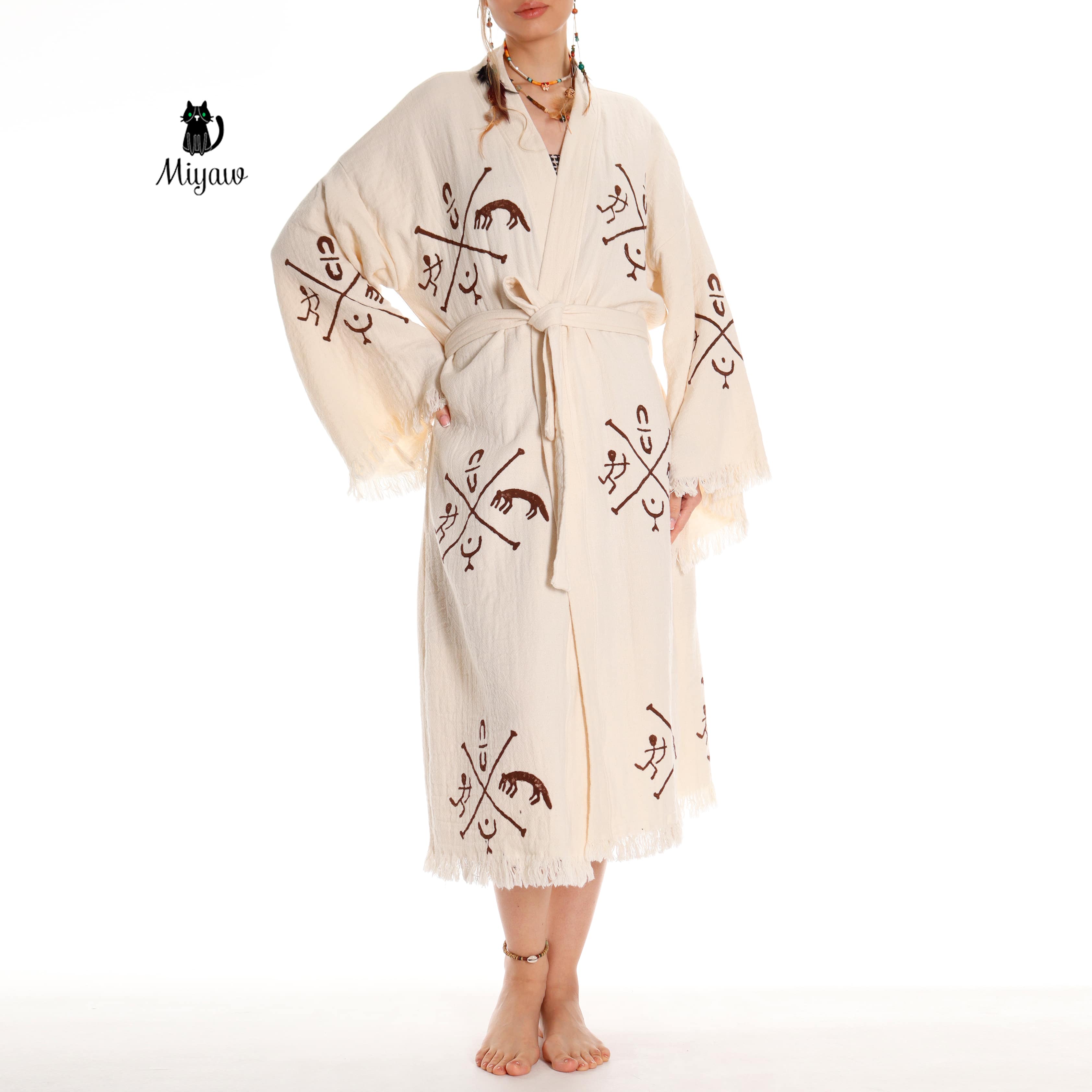 Boho Handcrafted Aztec-stamped Beach Kimono - Long Sleeve Bathrobe for Bohemian Lovers - Miyawfashion
