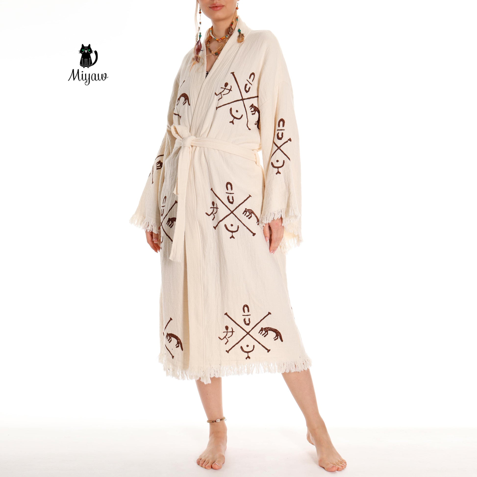 Boho Handcrafted Aztec-stamped Beach Kimono - Long Sleeve Bathrobe for Bohemian Lovers - Miyawfashion