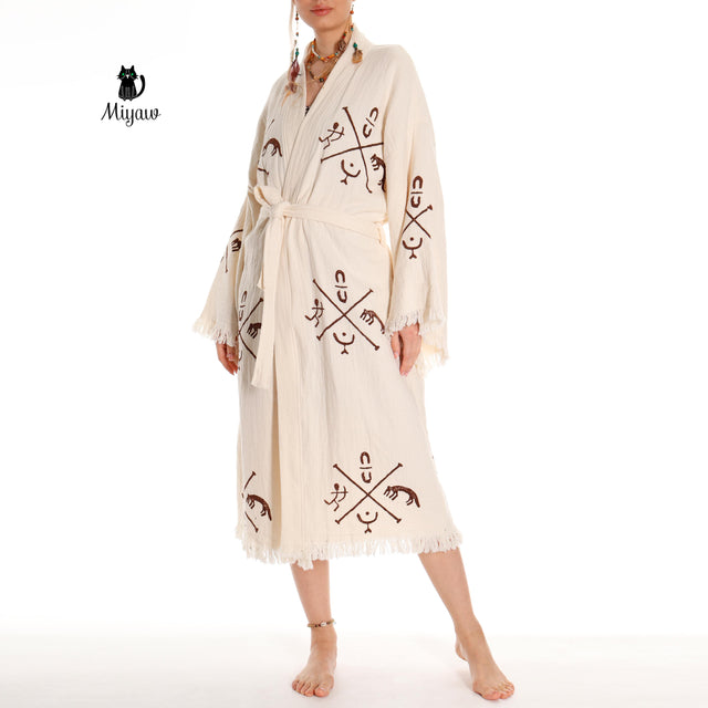 Boho Handcrafted Aztec-stamped Beach Kimono - Long Sleeve Bathrobe for Bohemian Lovers - Miyawfashion