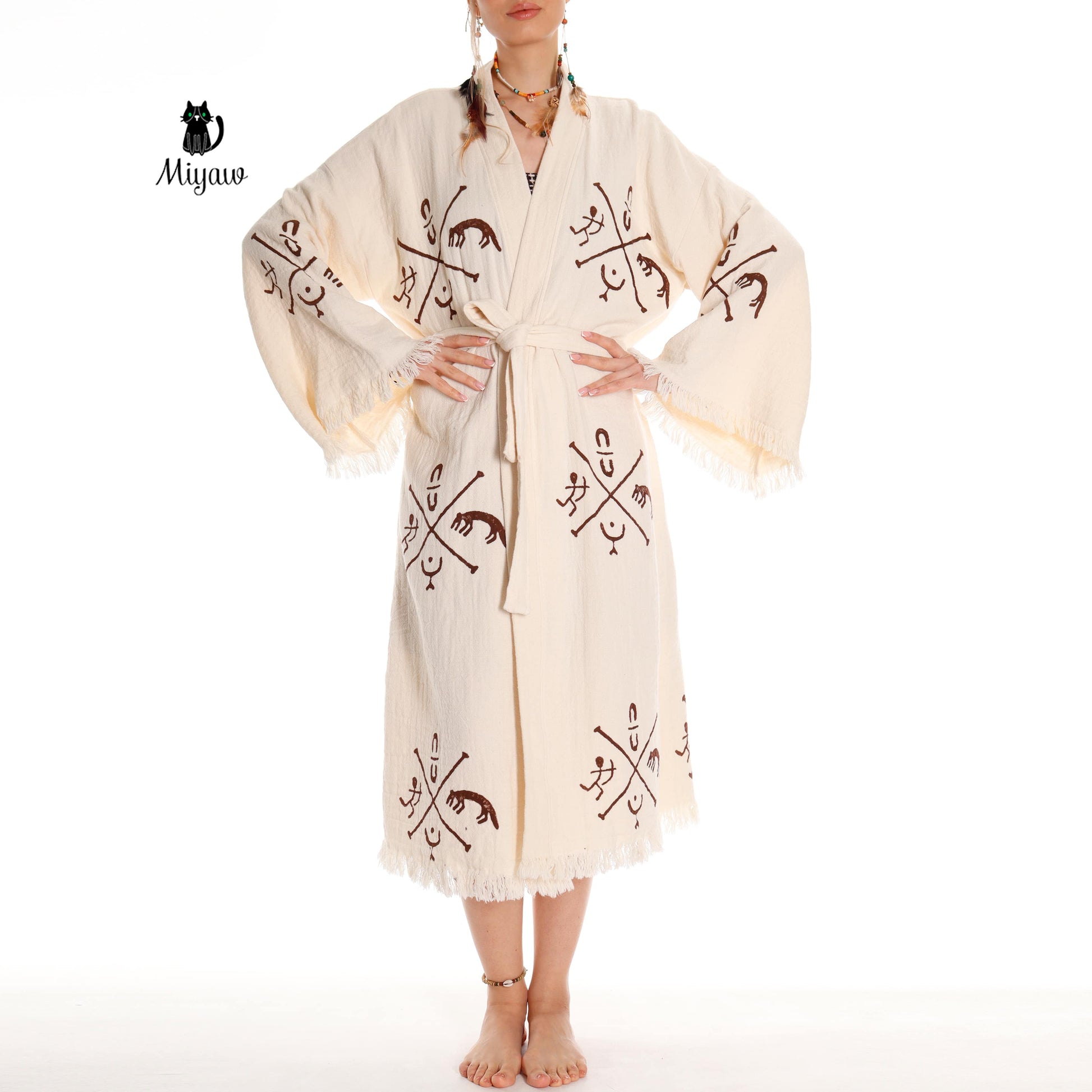 Boho Handcrafted Aztec-stamped Beach Kimono - Long Sleeve Bathrobe for Bohemian Lovers - Miyawfashion