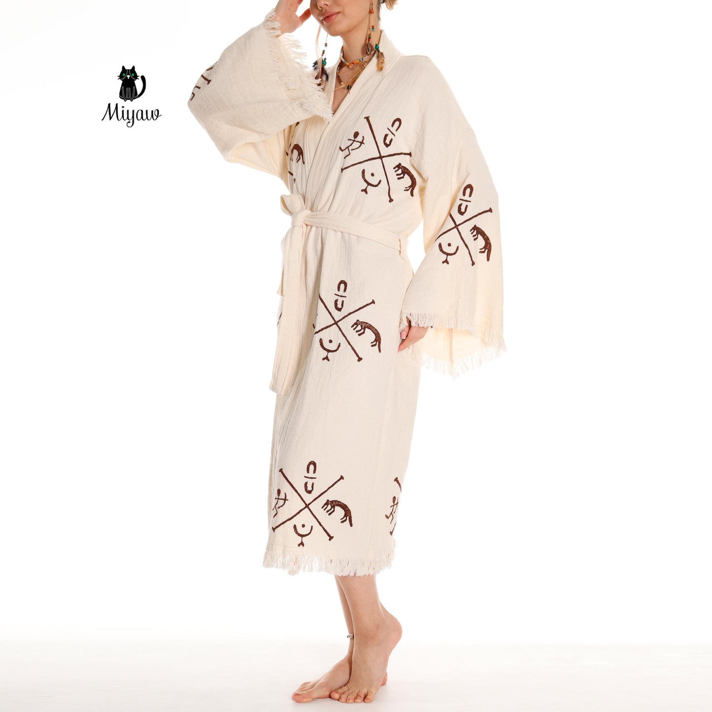 Boho Handcrafted Aztec-stamped Beach Kimono - Long Sleeve Bathrobe for Bohemian Lovers - Miyawfashion Miyawfashion