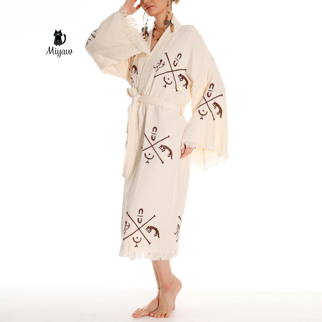 Boho Handcrafted Aztec-stamped Beach Kimono - Long Sleeve Bathrobe for Bohemian Lovers - Miyawfashion