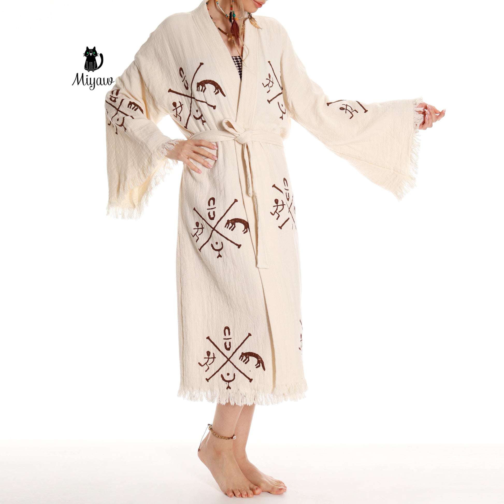 Boho Handcrafted Aztec-stamped Beach Kimono - Long Sleeve Bathrobe for Bohemian Lovers - Miyawfashion