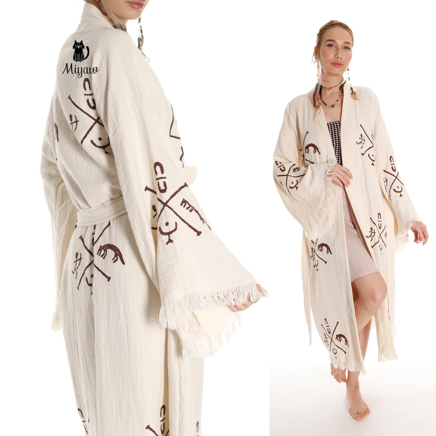 Boho Handcrafted Aztec-stamped Beach Kimono - Long Sleeve Bathrobe for Bohemian Lovers - Miyawfashion Miyawfashion