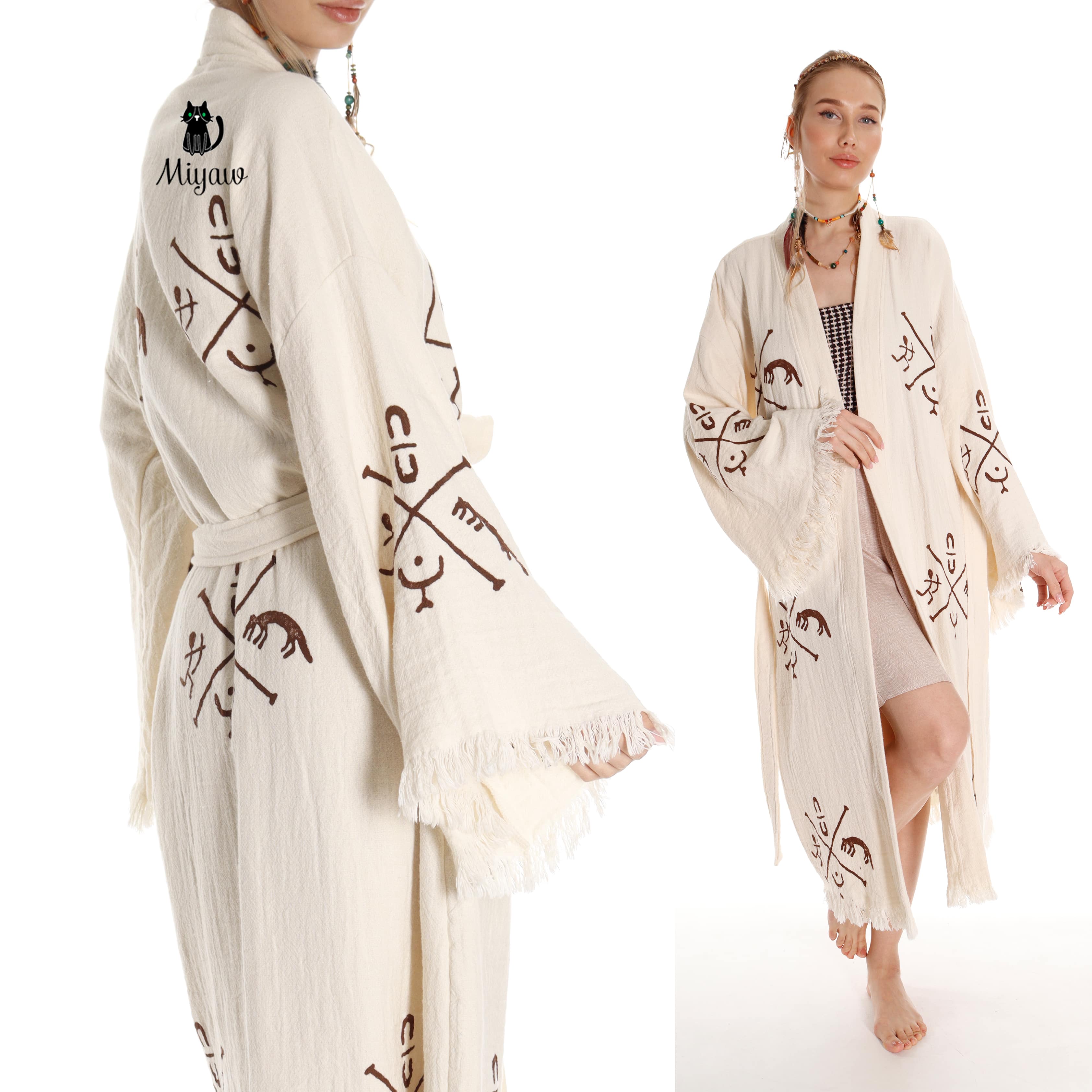 Boho Handcrafted Aztec-stamped Beach Kimono - Long Sleeve Bathrobe for Bohemian Lovers - Miyawfashion