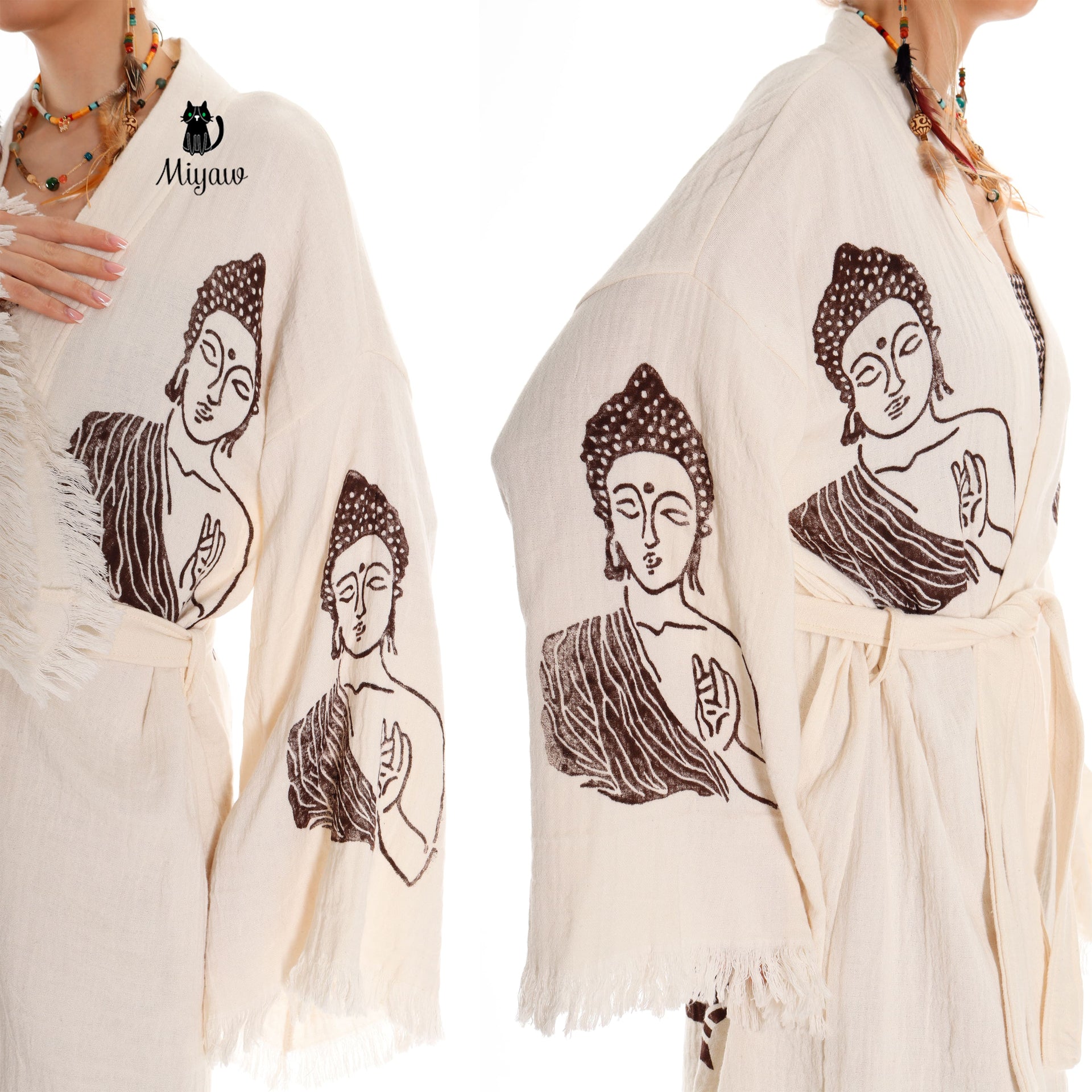 Unique Boho Kimono Robe with Handcrafted Buddha Stamps, Beach Cover Up - Miyawfashion