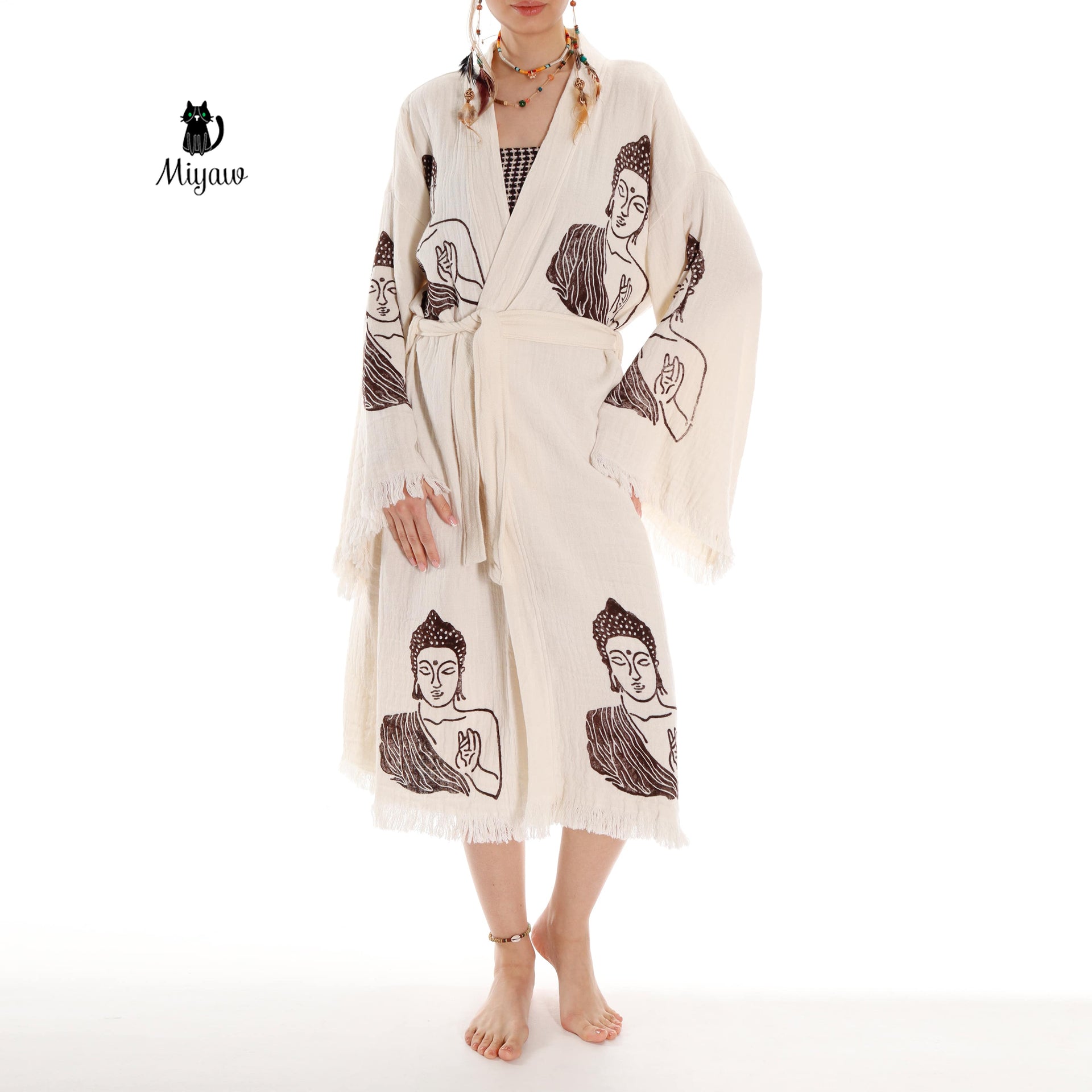 Unique Boho Kimono Robe with Handcrafted Buddha Stamps, Beach Cover Up - Miyawfashion