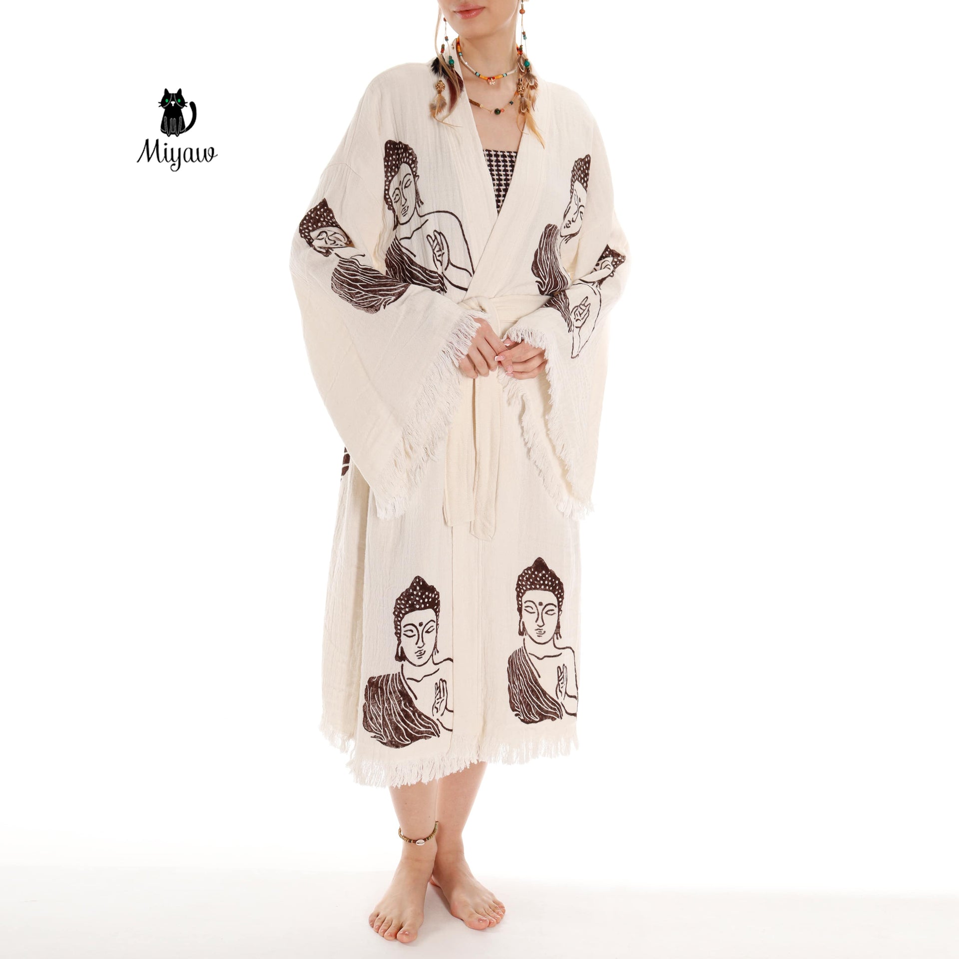 Unique Boho Kimono Robe with Handcrafted Buddha Stamps, Beach Cover Up - Miyawfashion