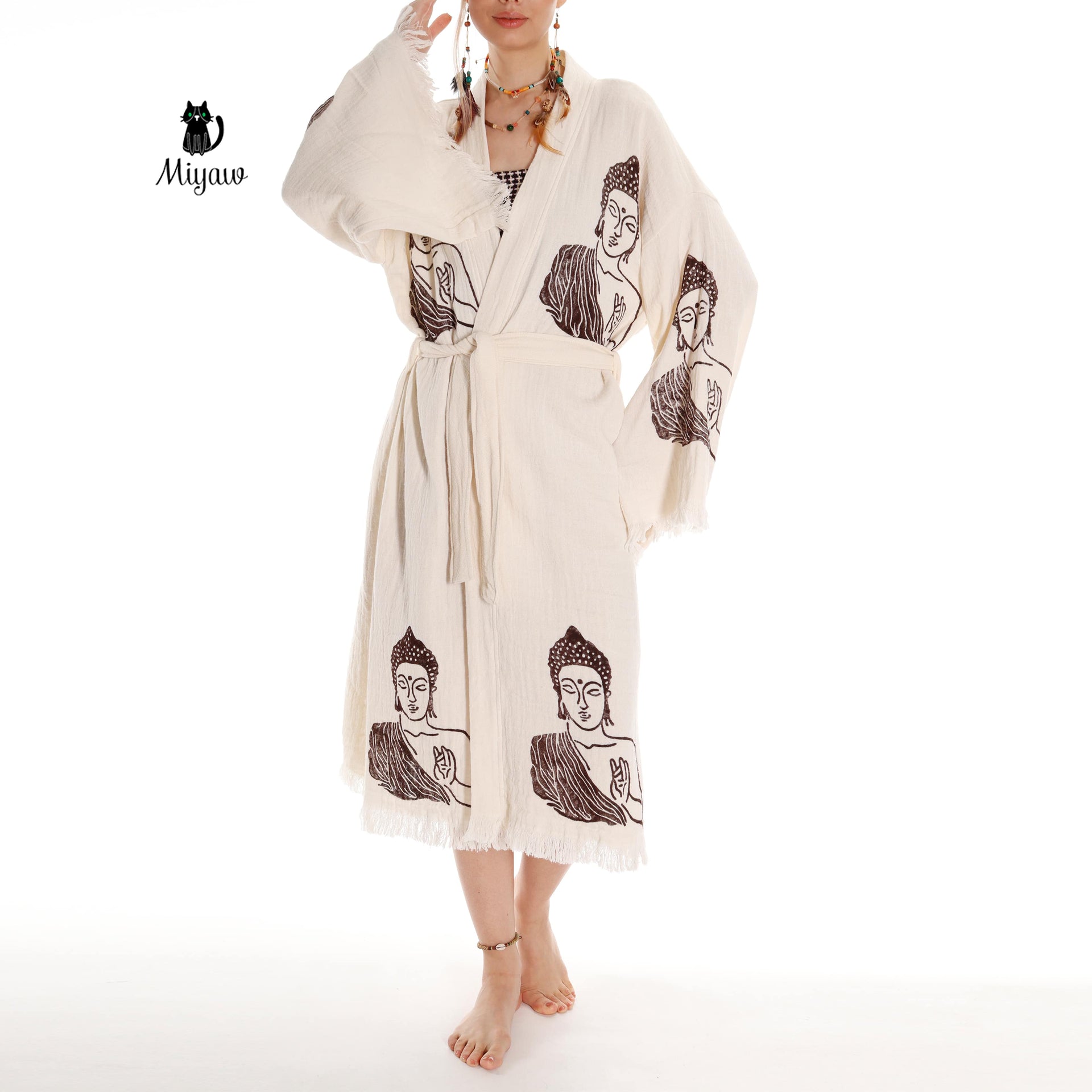 Unique Boho Kimono Robe with Handcrafted Buddha Stamps, Beach Cover Up - Miyawfashion