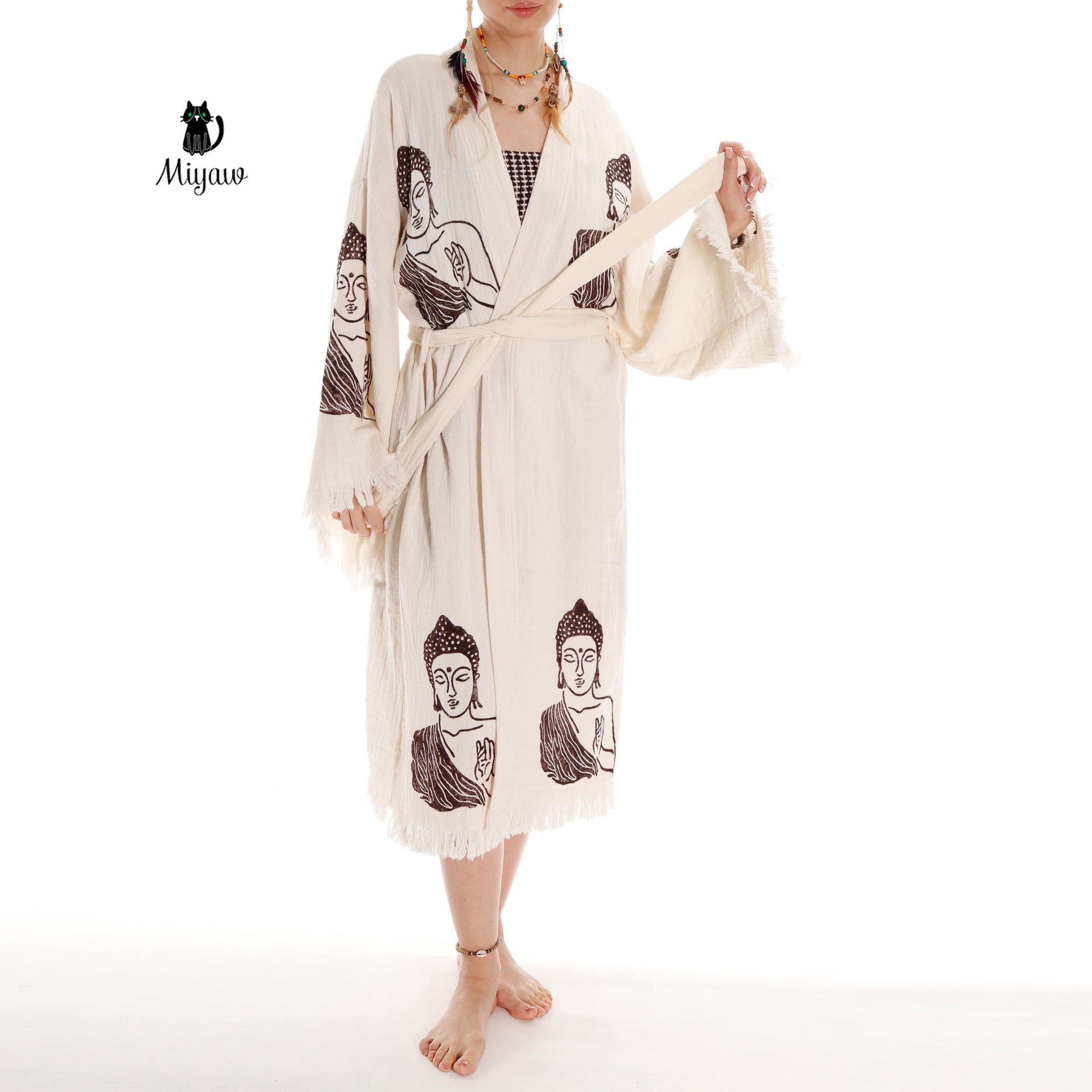 Unique Boho Kimono Robe with Handcrafted Buddha Stamps, Beach Cover Up - Miyawfashion