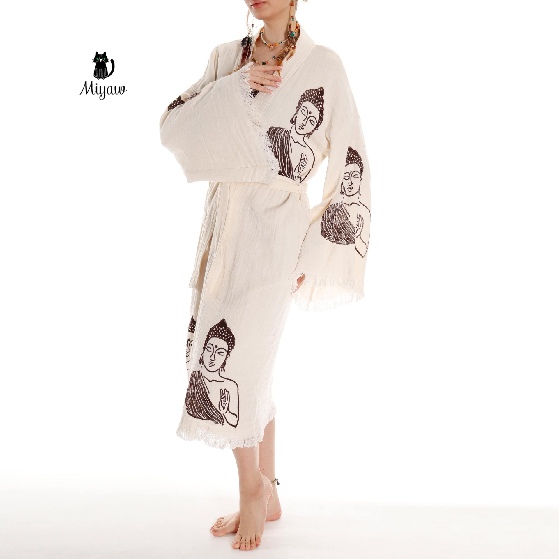 Unique Boho Kimono Robe with Handcrafted Buddha Stamps, Beach Cover Up - Miyawfashion