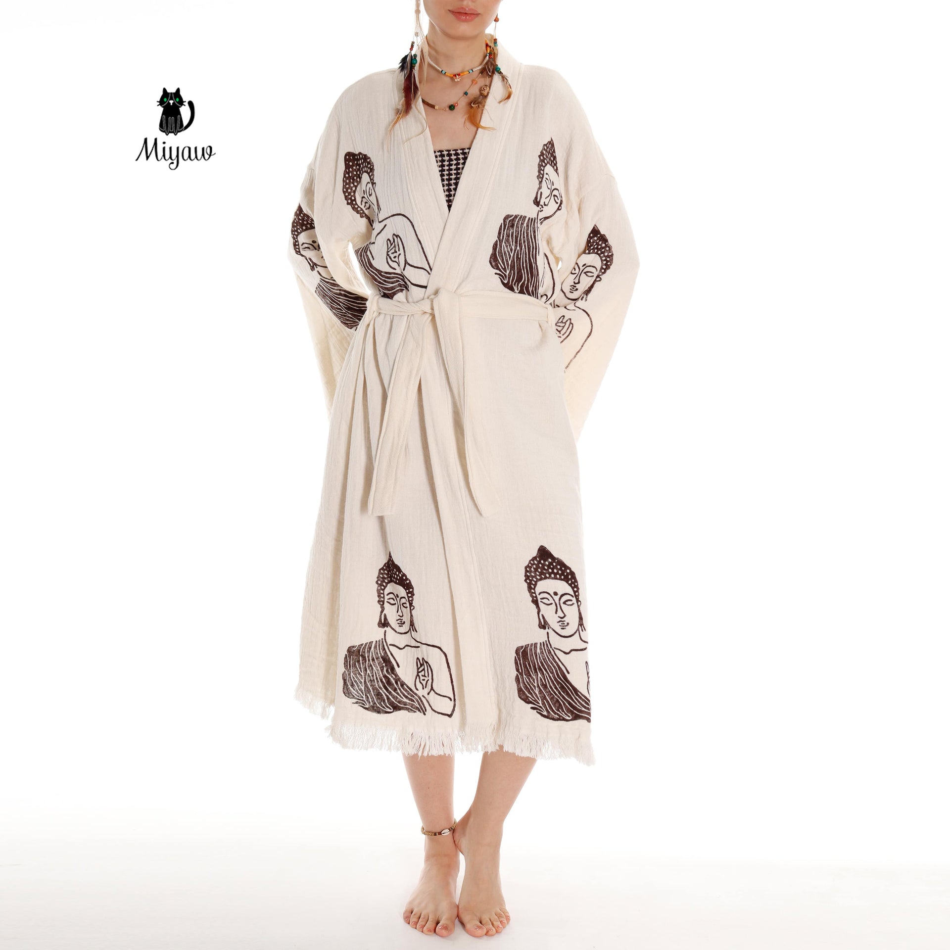 Unique Boho Kimono Robe with Handcrafted Buddha Stamps, Beach Cover Up - Miyawfashion