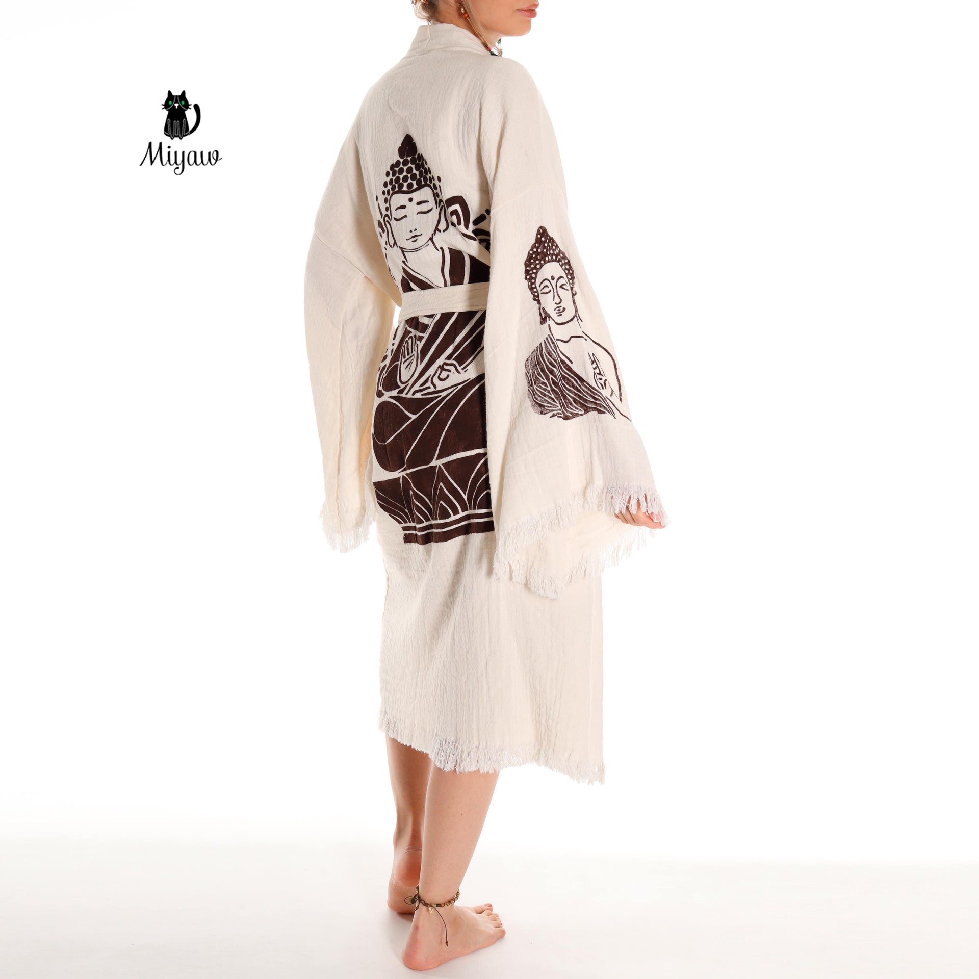 Unique Boho Kimono Robe with Handcrafted Buddha Stamps, Beach Cover Up - Miyawfashion