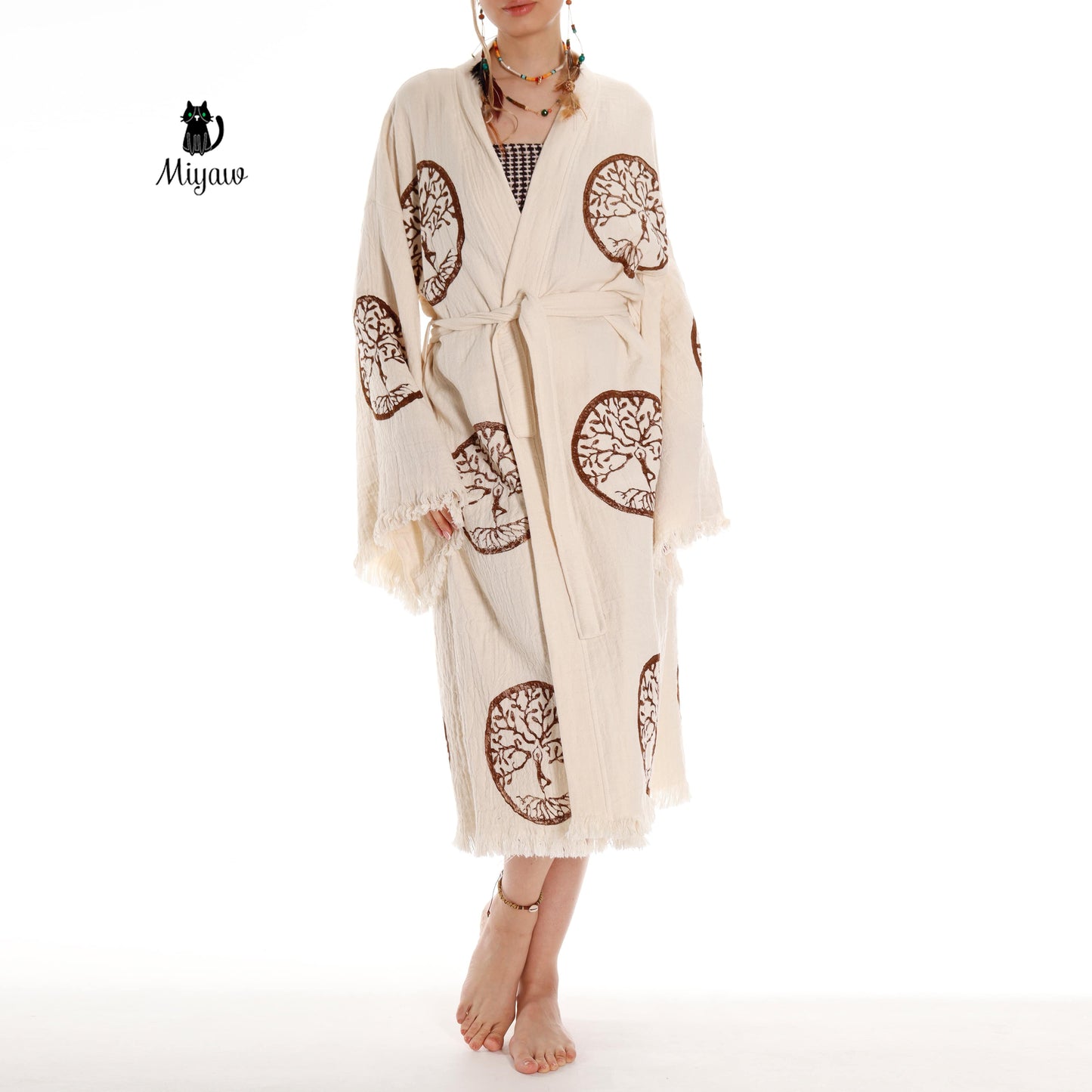 Brown Tree of Life Stamp Bathrobe - Boho Handcrafted Beach Kimono - Miyawfashion Miyawfashion