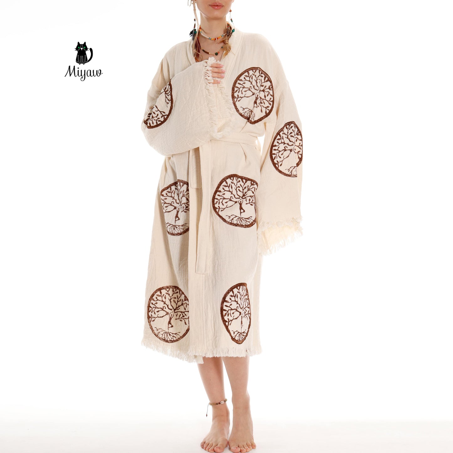 Brown Tree of Life Stamp Bathrobe - Boho Handcrafted Beach Kimono - Miyawfashion Miyawfashion